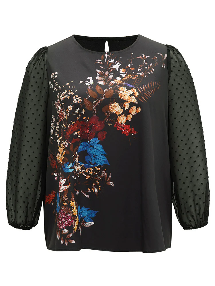 Boho Print Patchwork Mesh Lantern Sleeve Blouse - Image 8