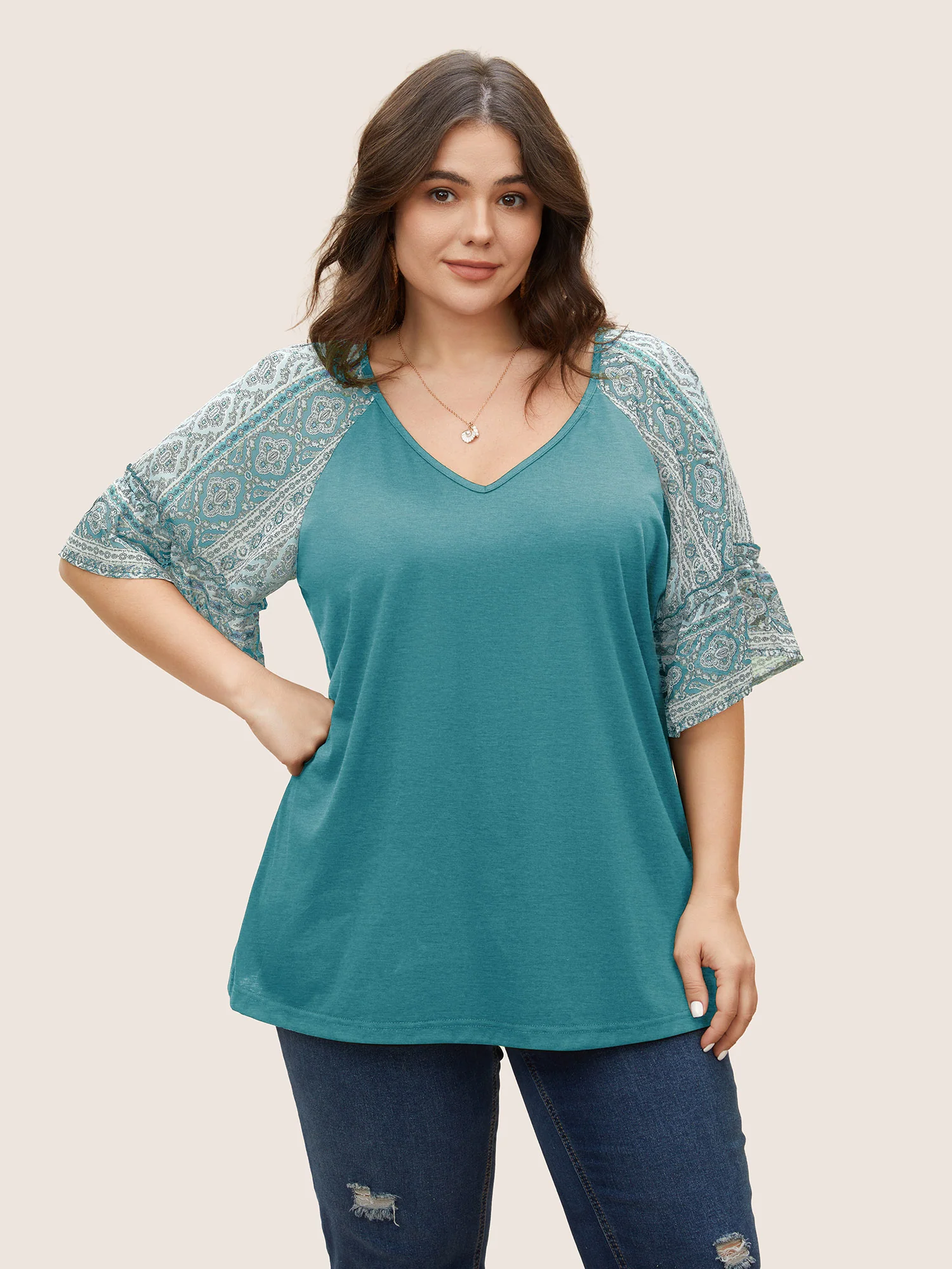 Boho Print Patchwork Raglan Sleeve T-shirt - Image 12