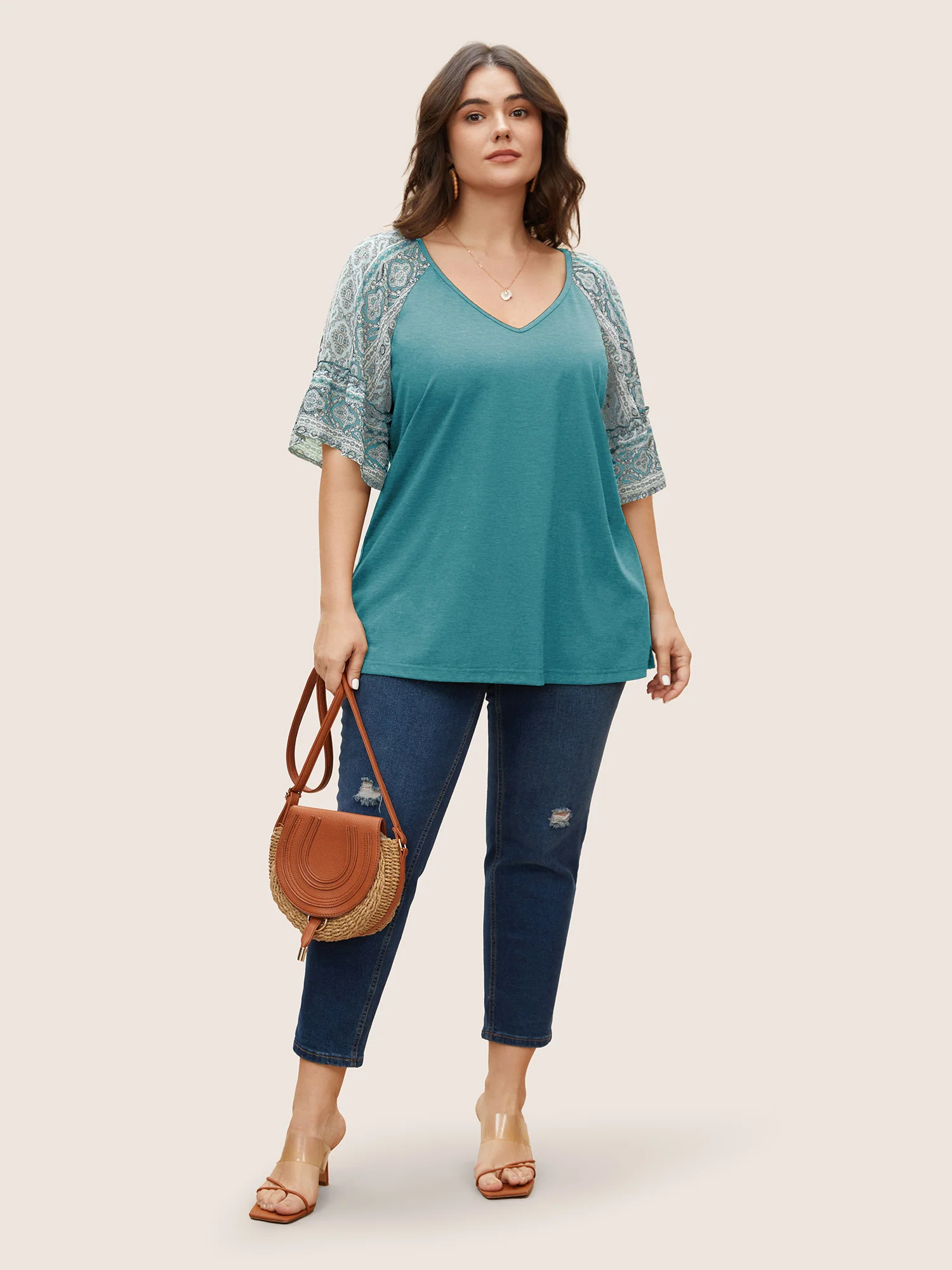 Boho Print Patchwork Raglan Sleeve T-shirt - Image 13