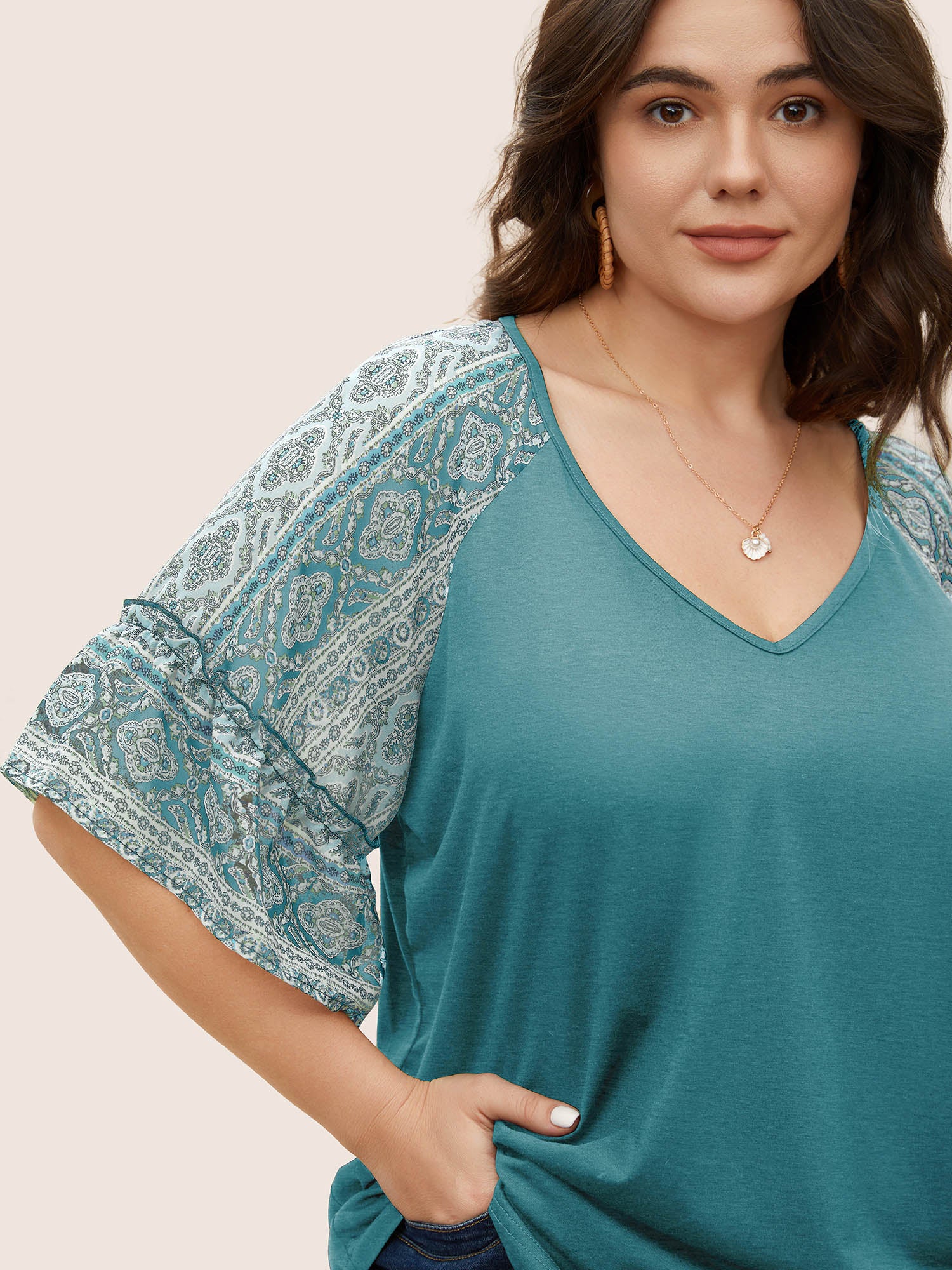 Boho Print Patchwork Raglan Sleeve T-shirt - Image 14