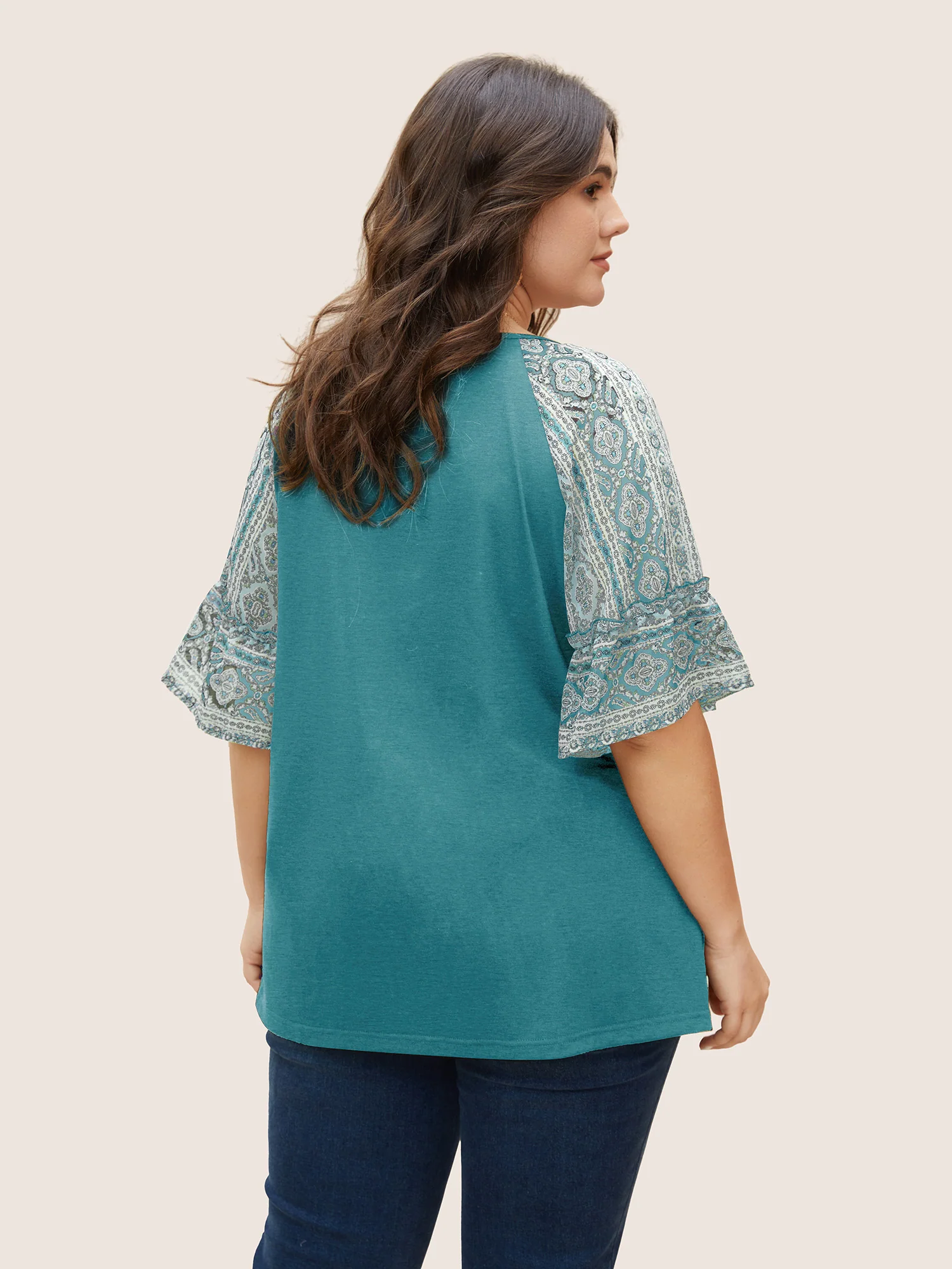 Boho Print Patchwork Raglan Sleeve T-shirt - Image 15