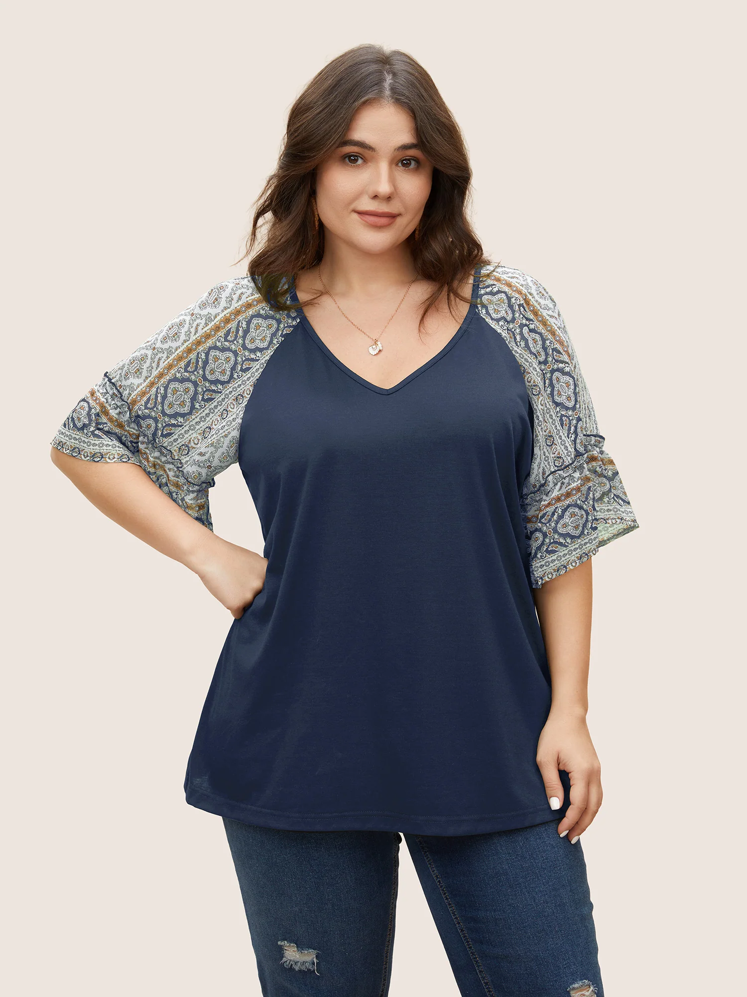 Boho Print Patchwork Raglan Sleeve T-shirt - Image 16