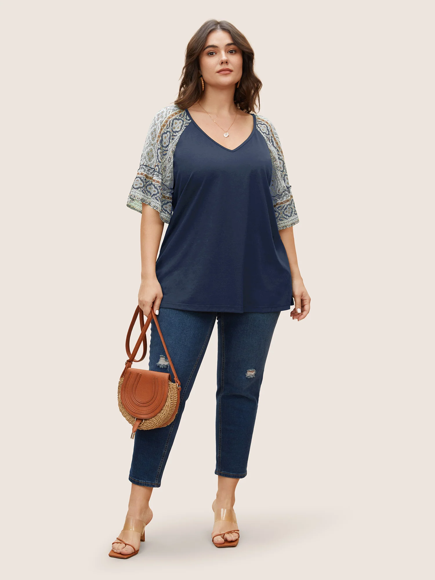 Boho Print Patchwork Raglan Sleeve T-shirt - Image 17