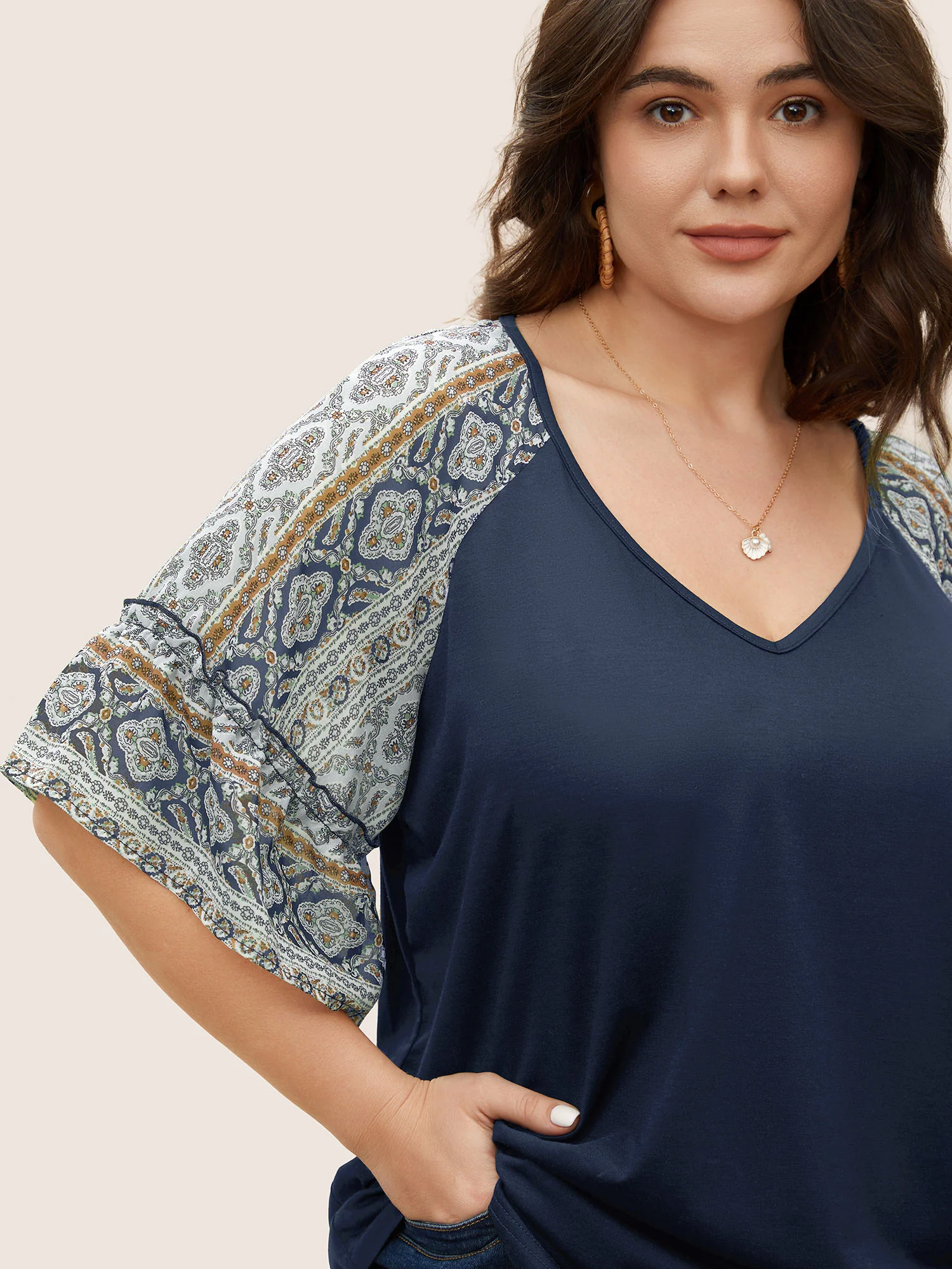 Boho Print Patchwork Raglan Sleeve T-shirt - Image 19