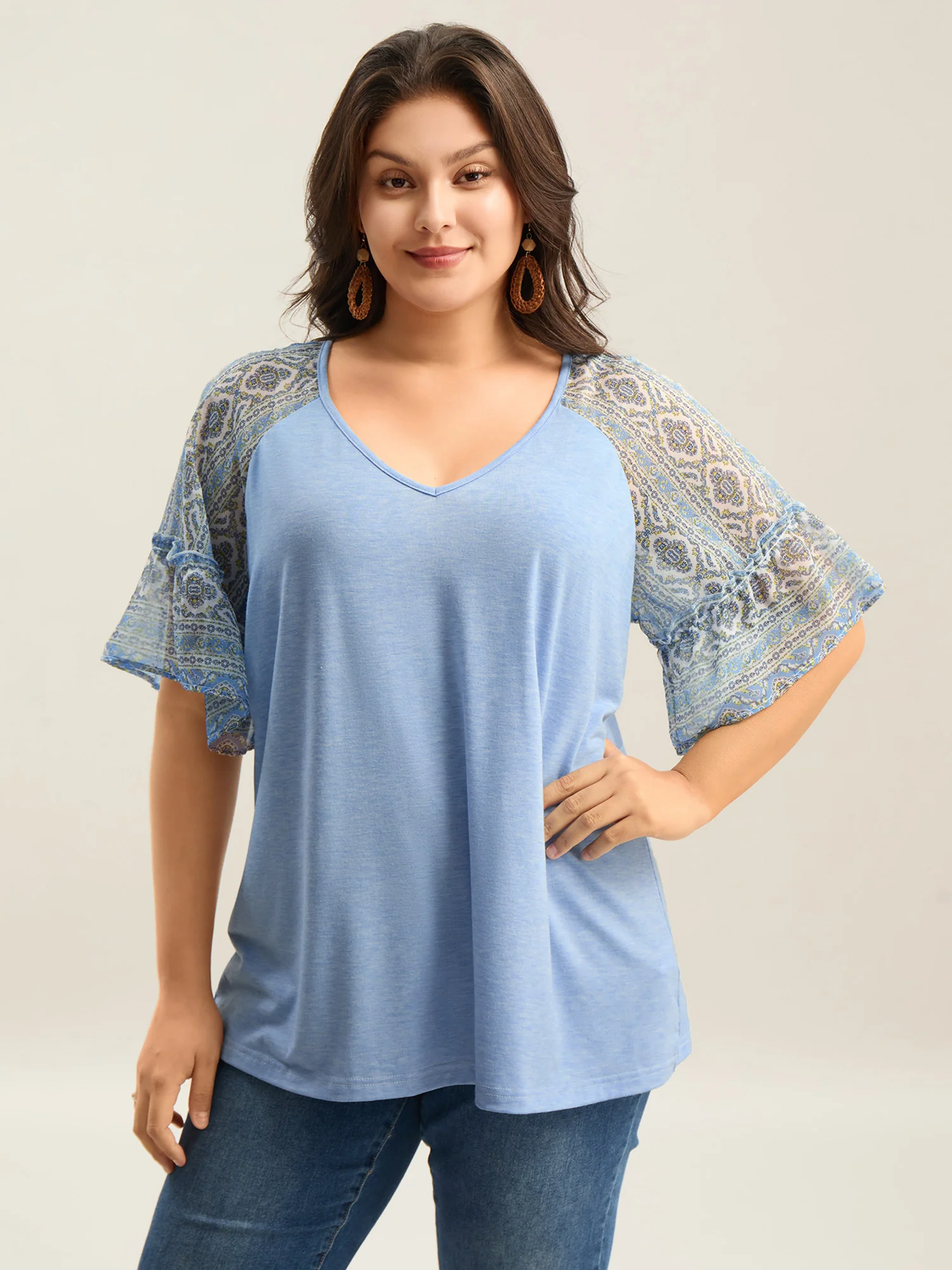 Boho Print Patchwork Raglan Sleeve T-shirt - Image 20