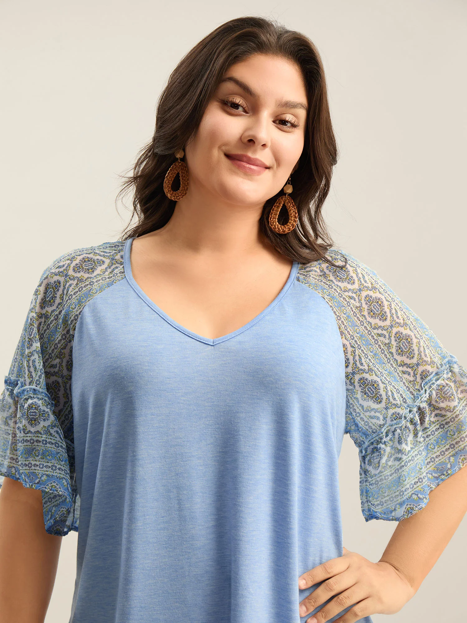 Boho Print Patchwork Raglan Sleeve T-shirt - Image 22