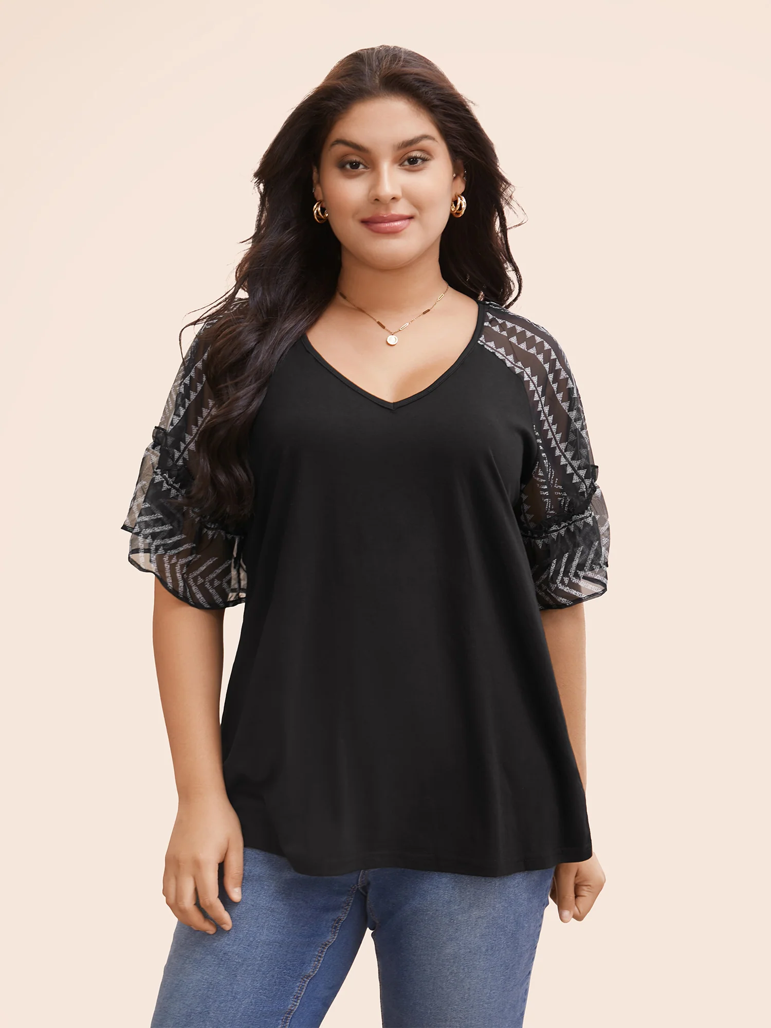 Boho Print Patchwork Raglan Sleeve T-shirt - Image 4
