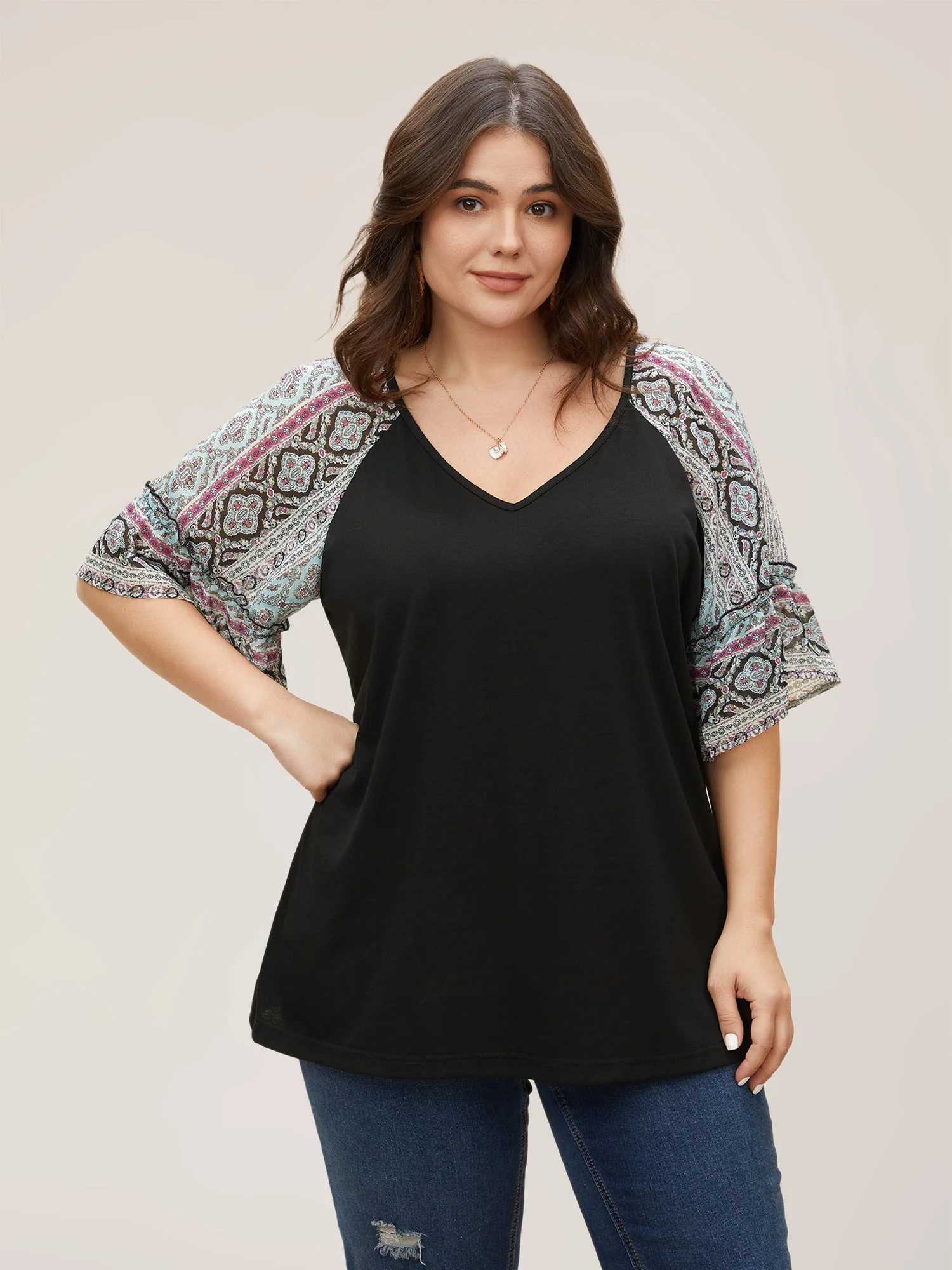 Boho Print Patchwork Raglan Sleeve T-shirt - Image 6