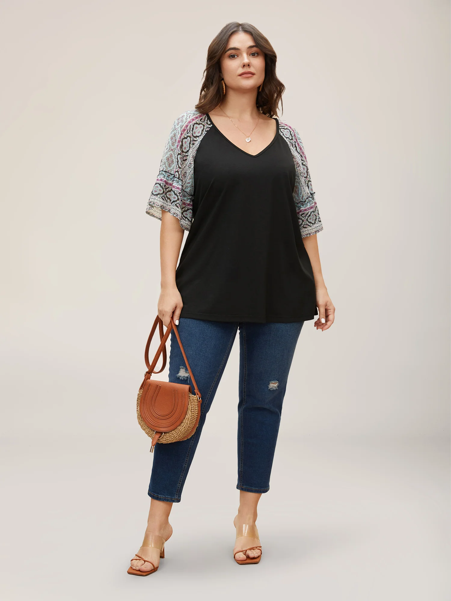 Boho Print Patchwork Raglan Sleeve T-shirt - Image 7