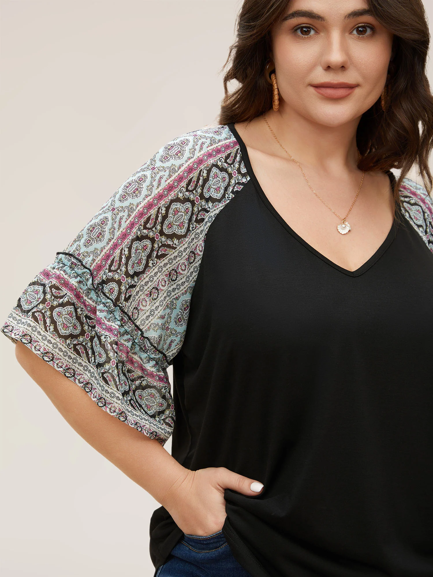 Boho Print Patchwork Raglan Sleeve T-shirt - Image 8