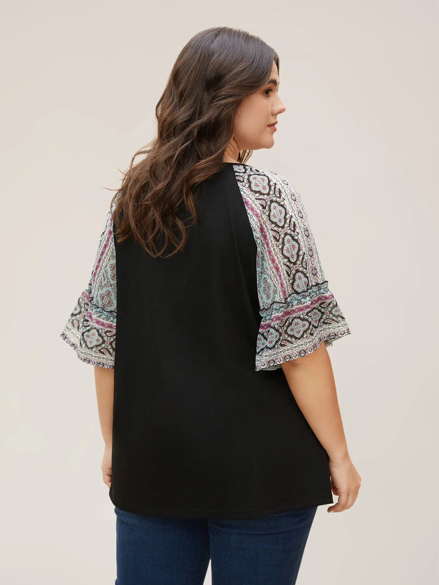 Boho Print Patchwork Raglan Sleeve T-shirt - Image 9