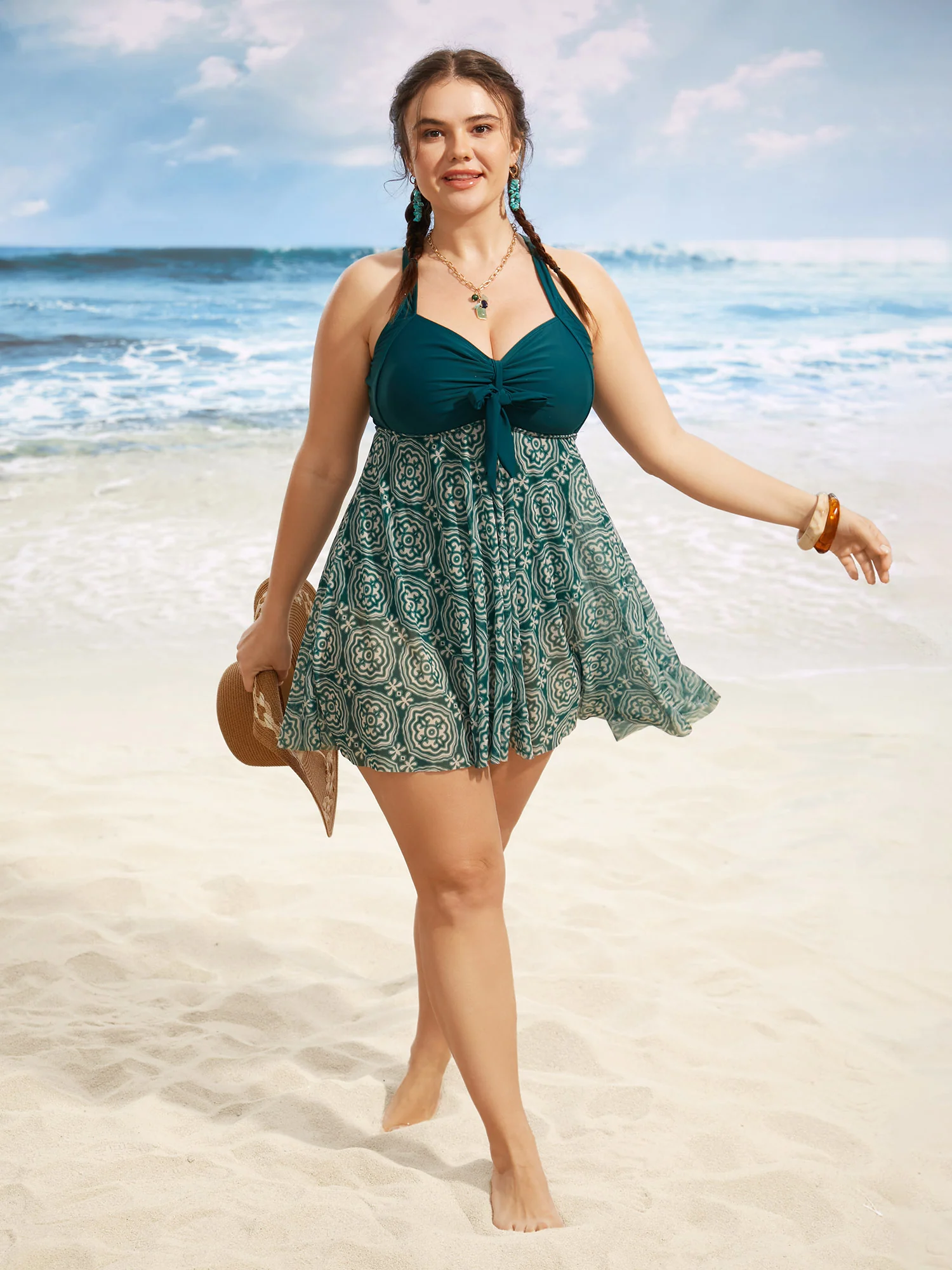 Boho Print Patchwork Tie Knot Gathered Swim Dress - Image 3