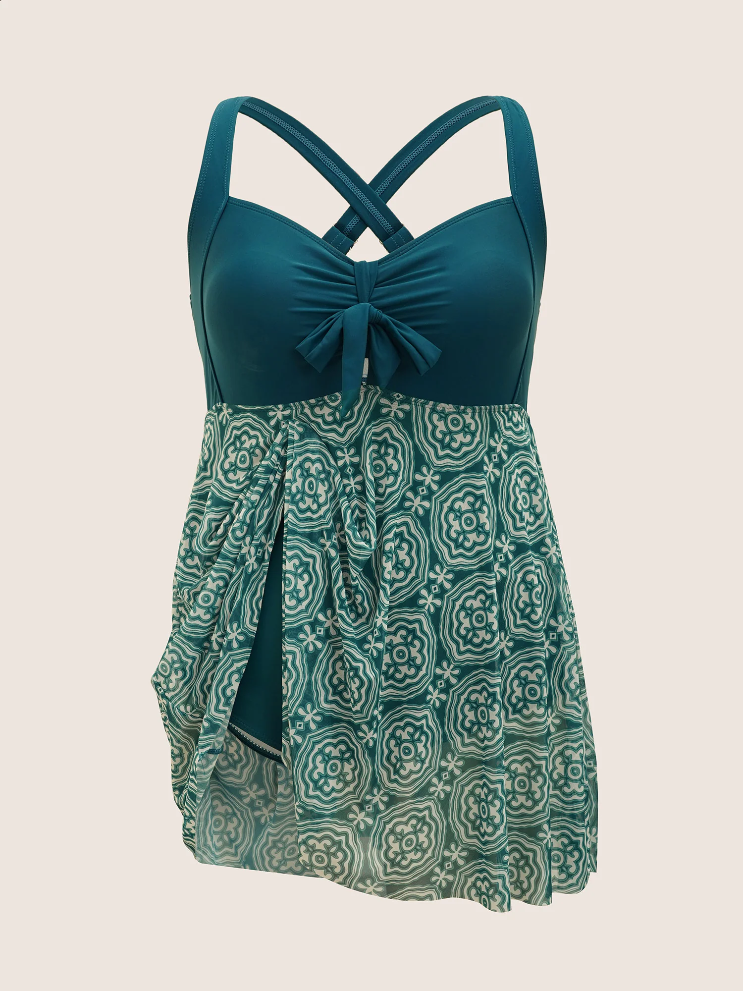 Boho Print Patchwork Tie Knot Gathered Swim Dress - Image 7