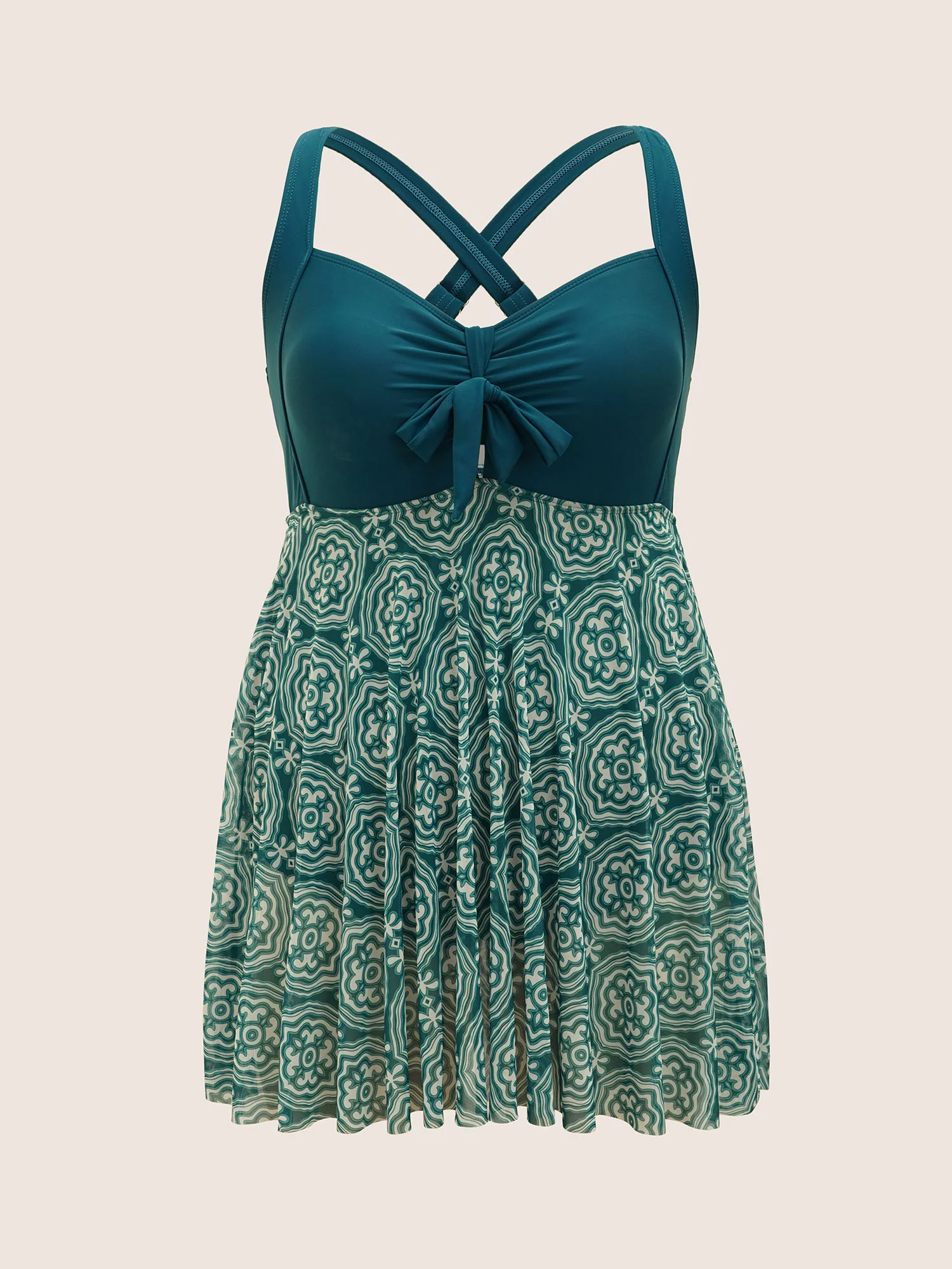 Boho Print Patchwork Tie Knot Gathered Swim Dress - Image 8
