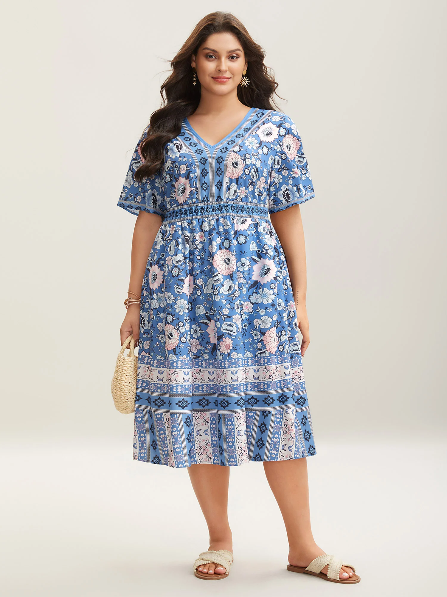 Boho Print Pockets V-Neck Midi Dress