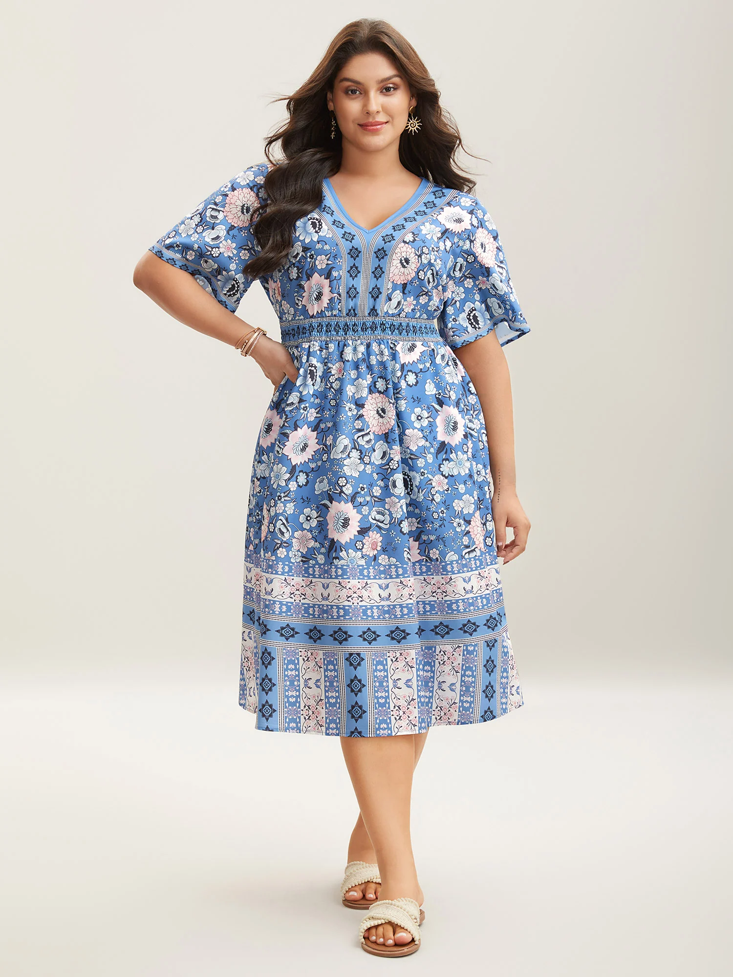 Boho Print Pockets V-Neck Midi Dress - Image 3