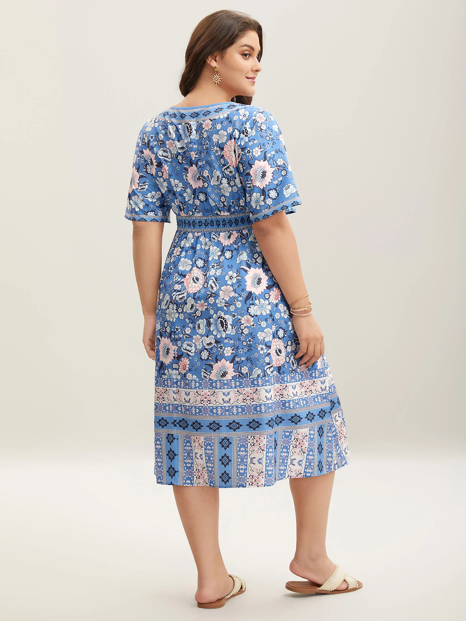 Boho Print Pockets V-Neck Midi Dress - Image 4
