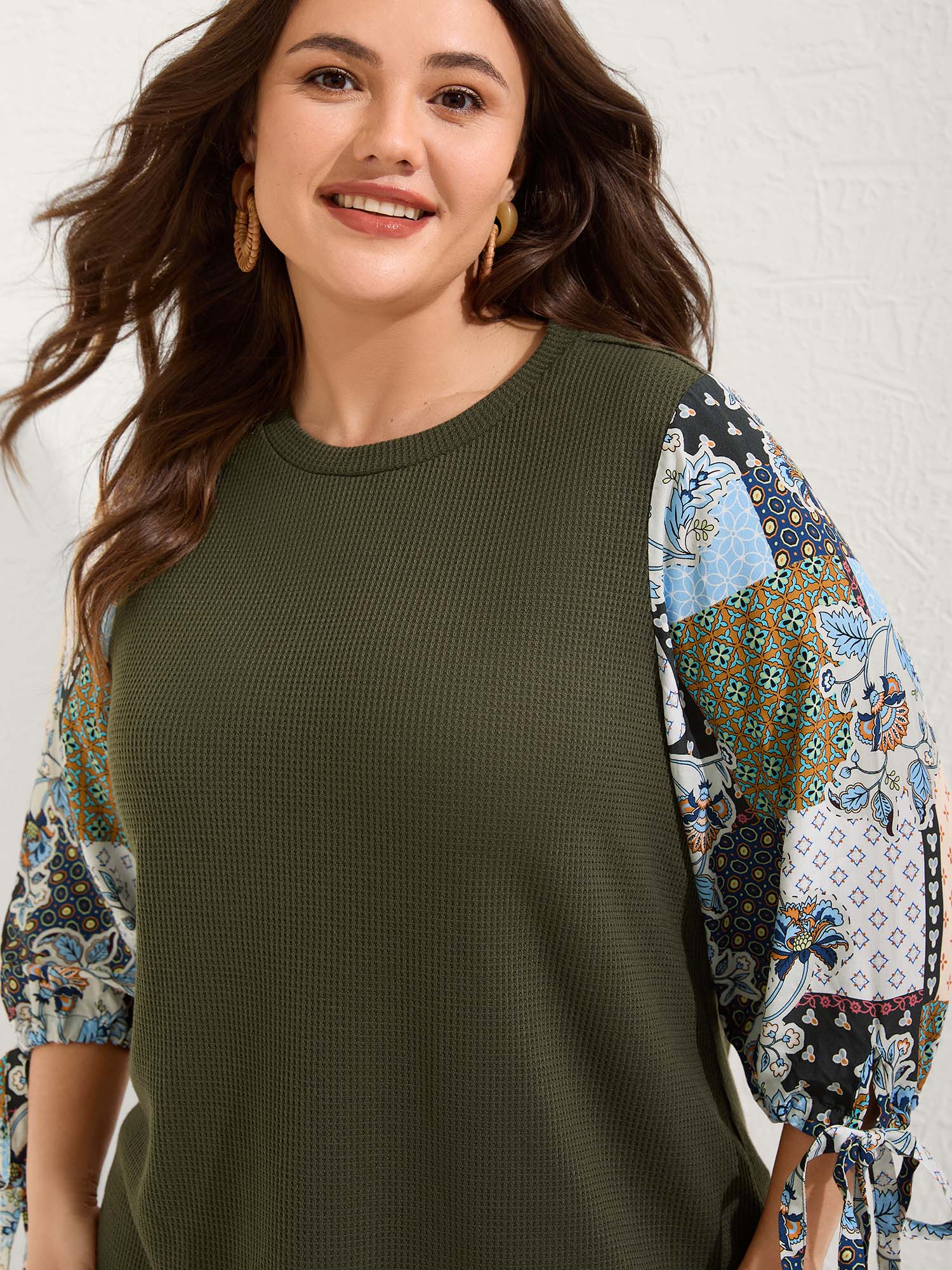 Boho Print Ribbed Sleeve Tie Sweatshirt - Image 2