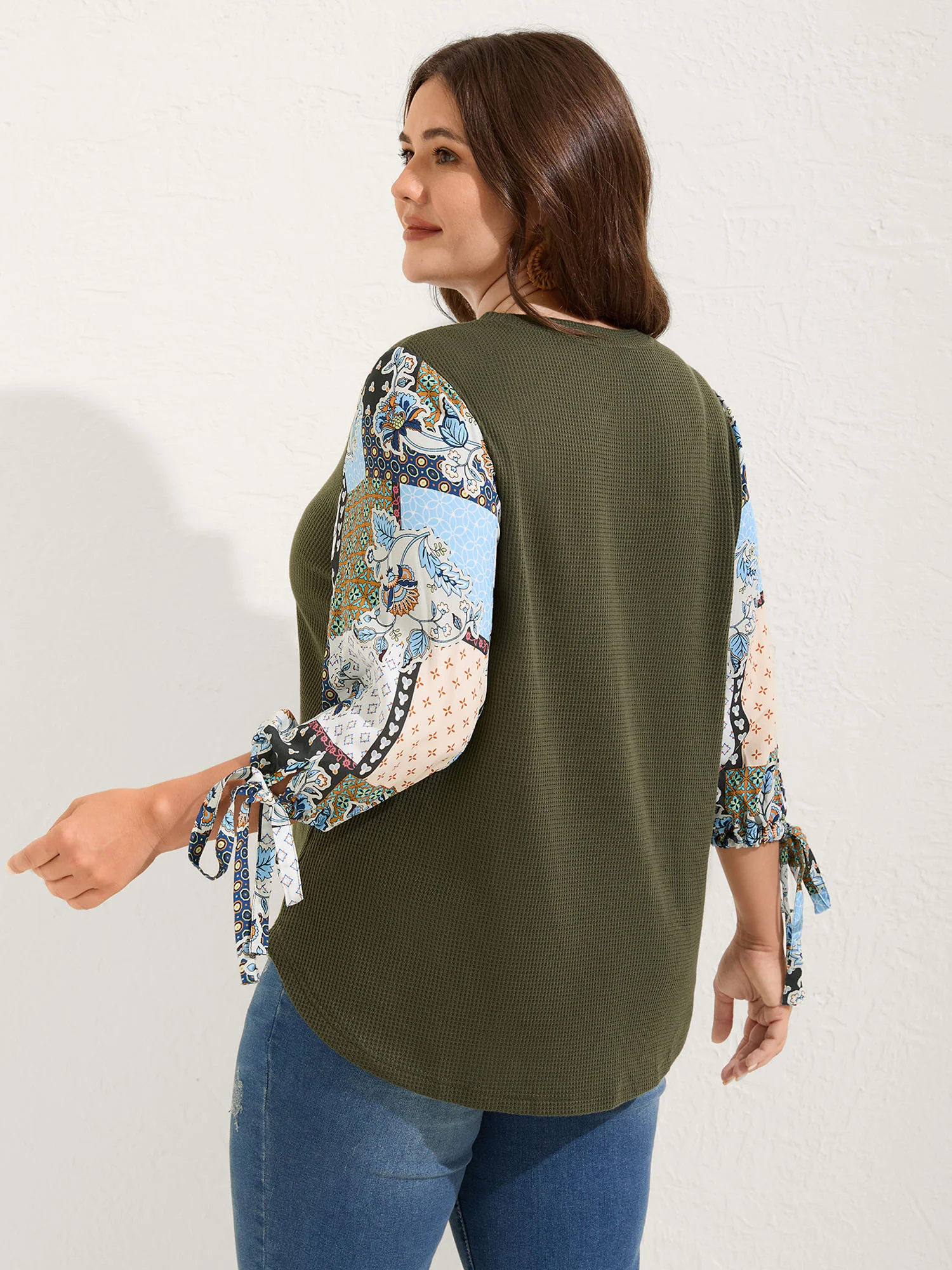 Boho Print Ribbed Sleeve Tie Sweatshirt - Image 4