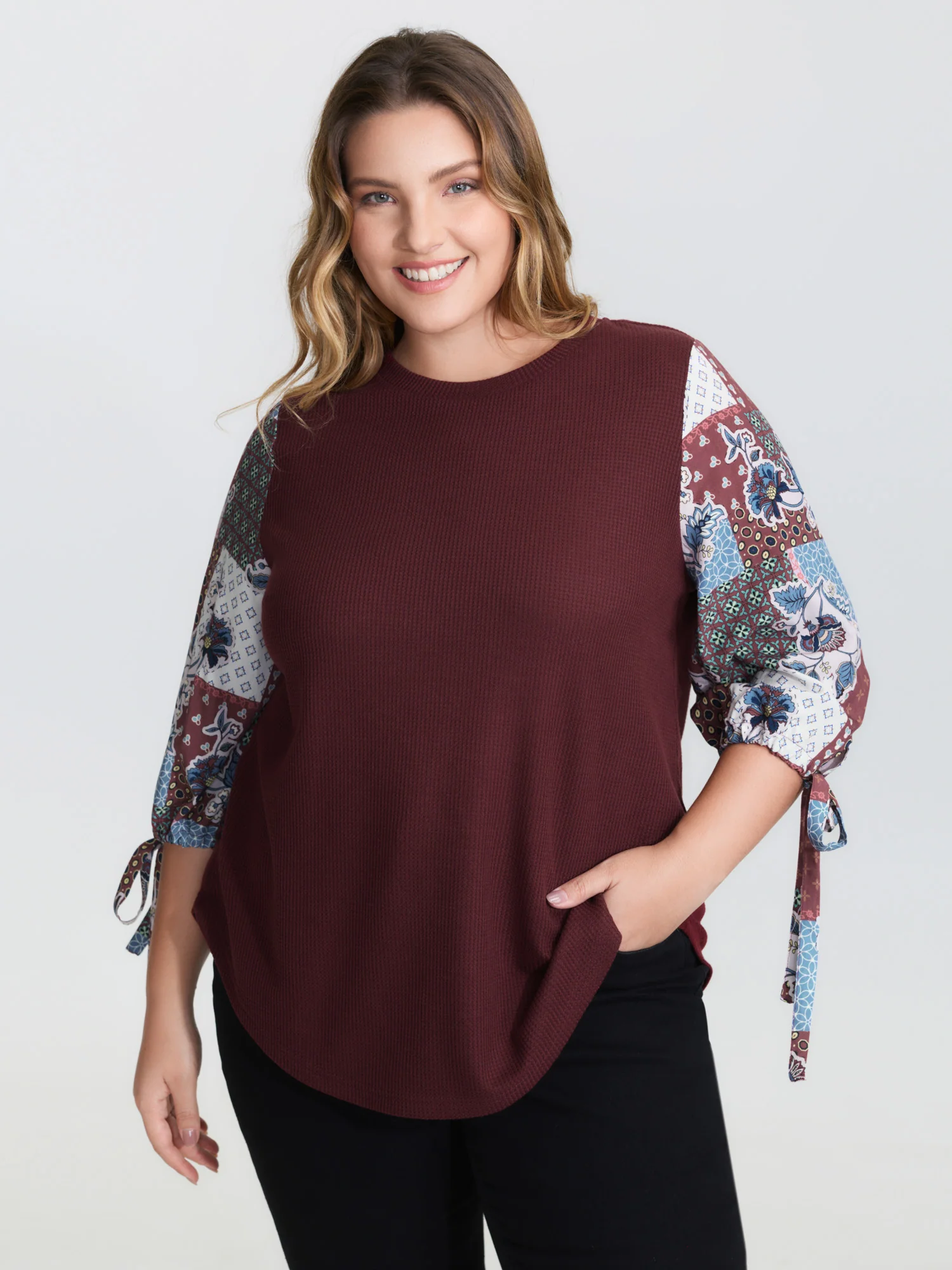 Boho Print Ribbed Sleeve Tie Sweatshirt - Image 8