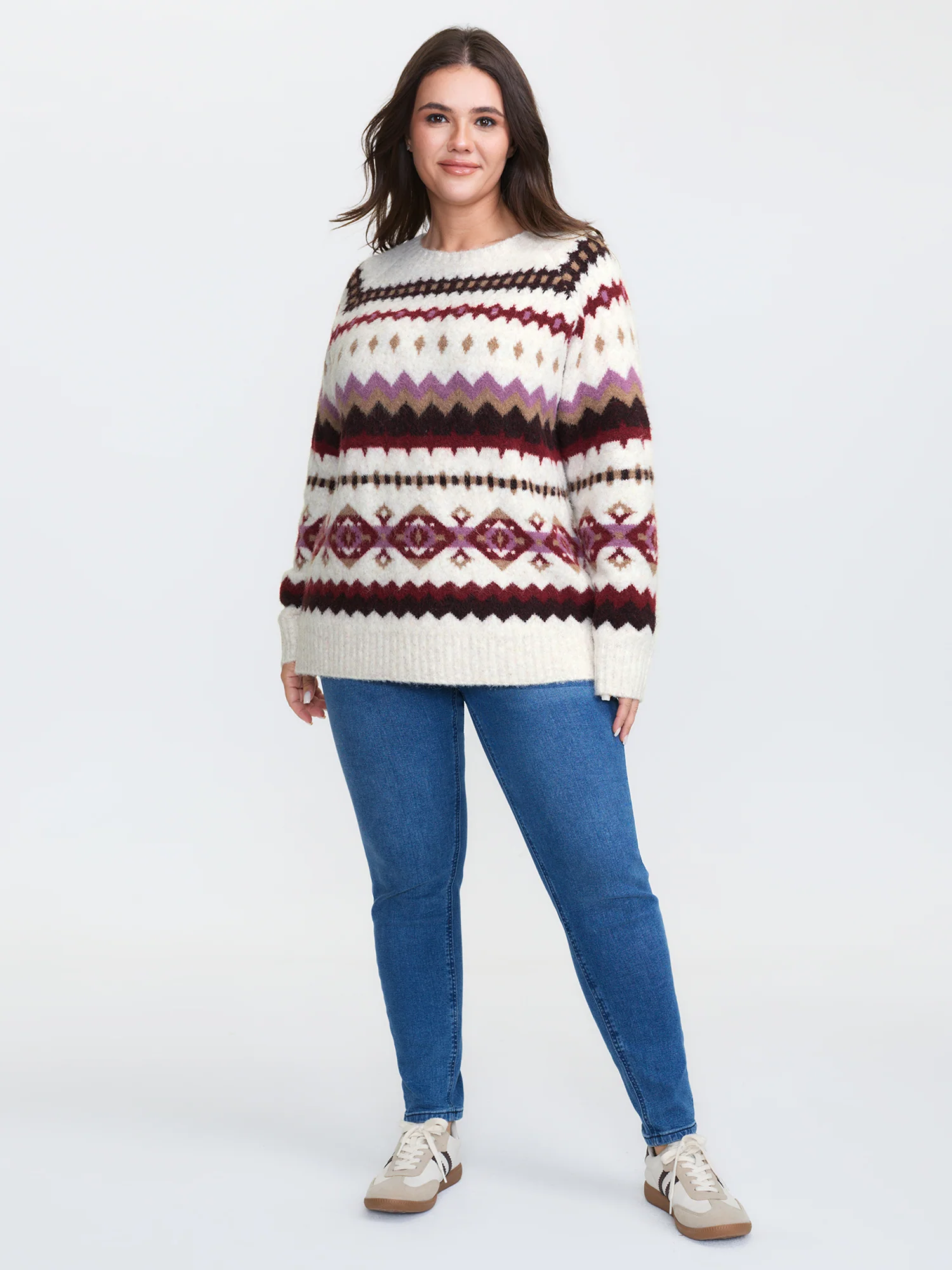 Boho Print Round Neck Ribbed Hem Pullover - Image 2