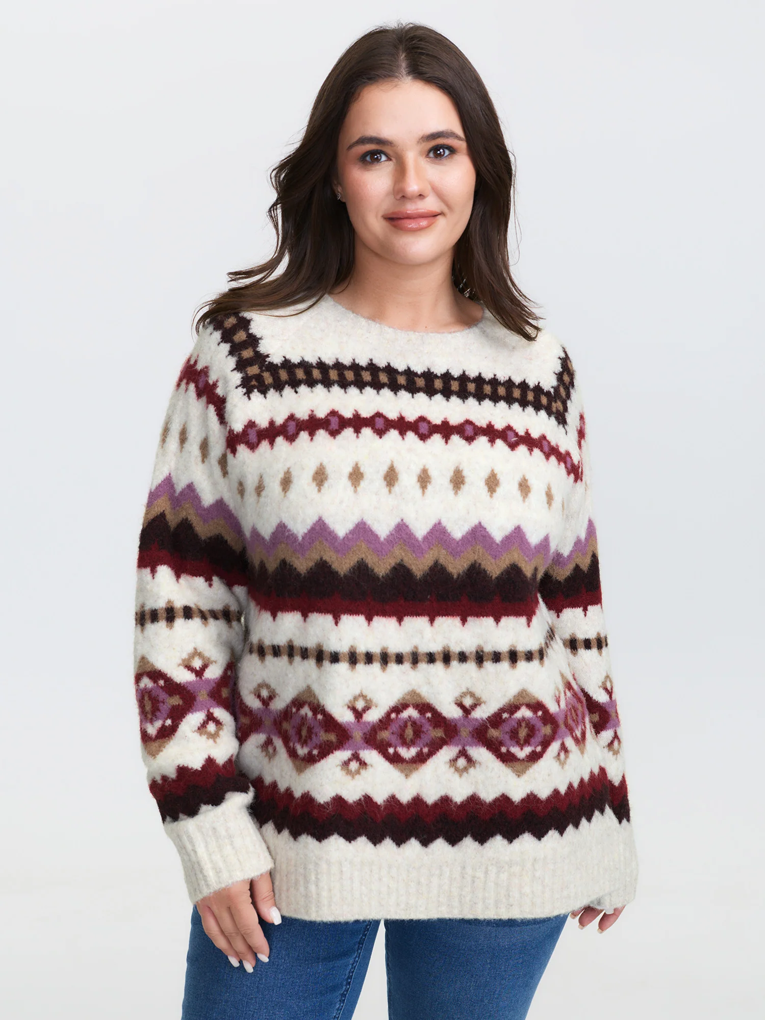 Boho Print Round Neck Ribbed Hem Pullover - Image 3
