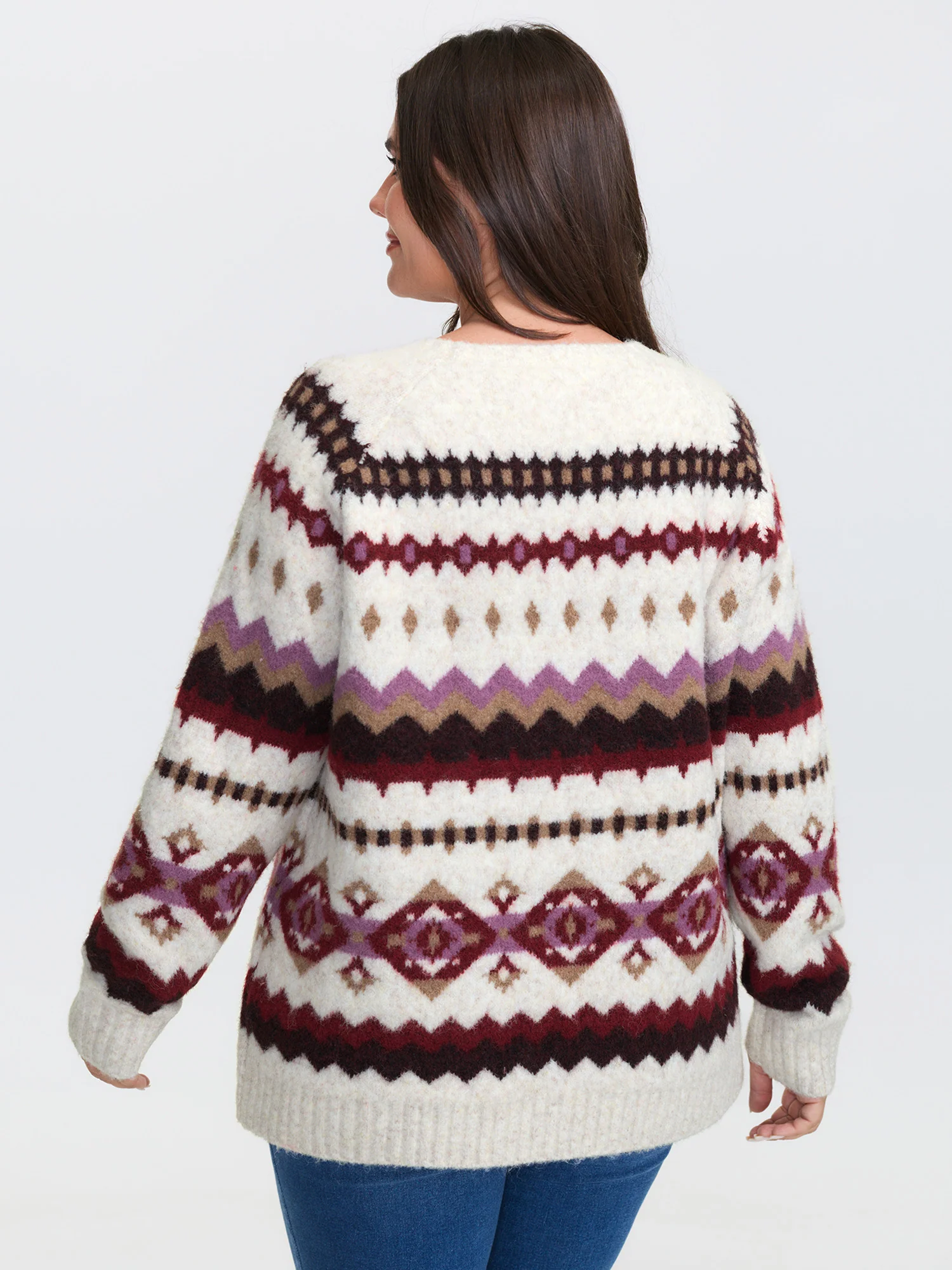 Boho Print Round Neck Ribbed Hem Pullover - Image 4