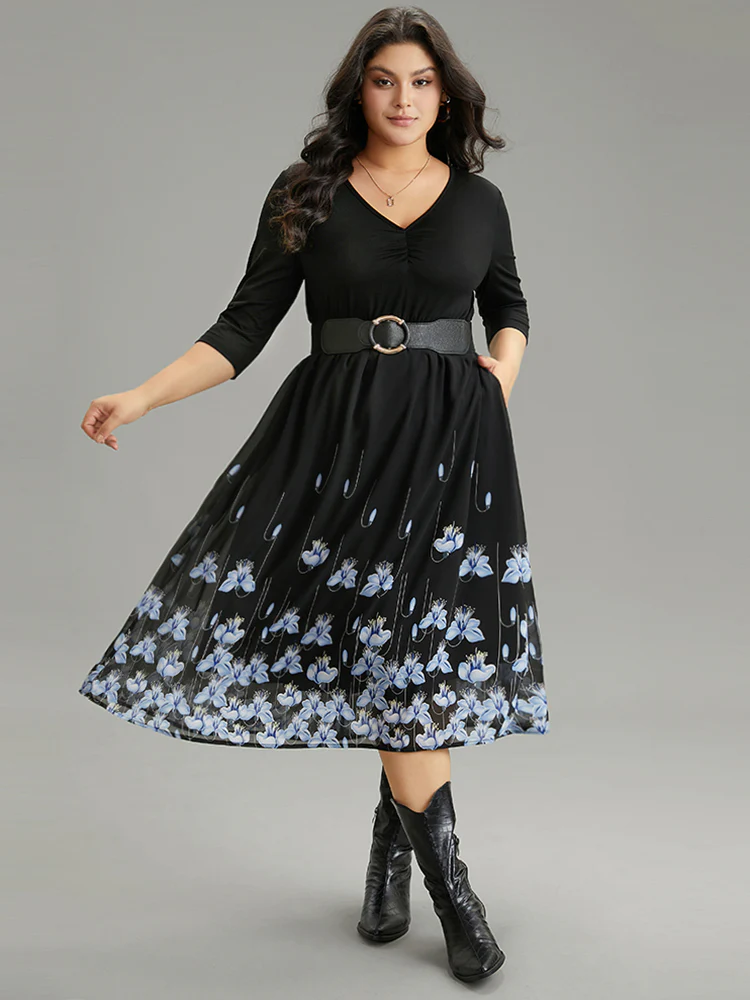 Boho Print Ruched Elastic Waist Chiffon Dress - Image 3