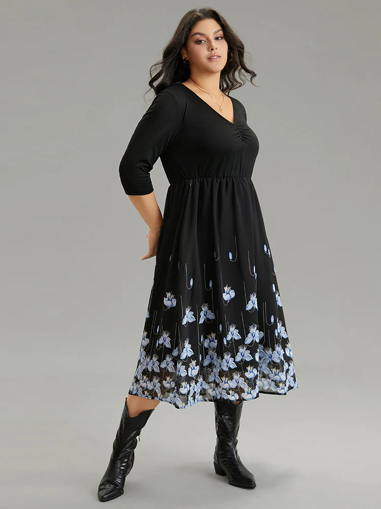 Boho Print Ruched Elastic Waist Chiffon Dress - Image 4