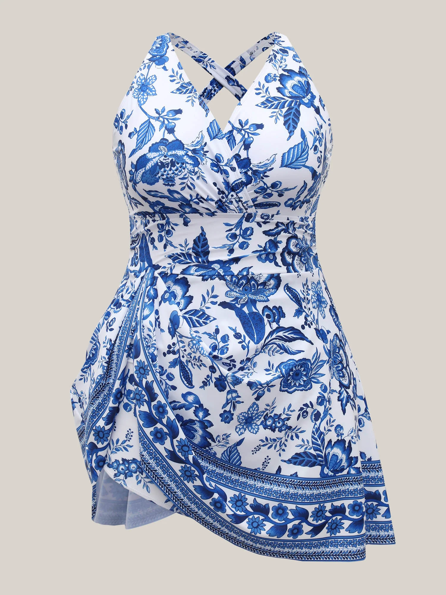 Boho Print Ruched Pockets Swim Dress - Image 8