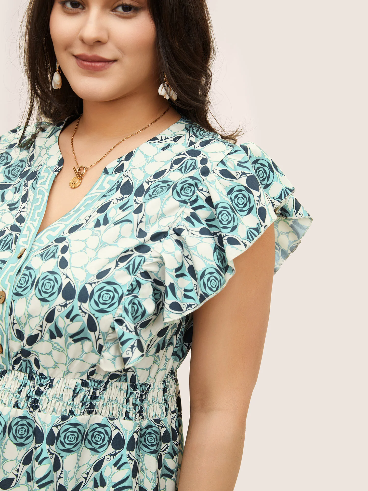 Boho Print Ruffles Shirred Pocket Elastic Waist Dress - Image 18