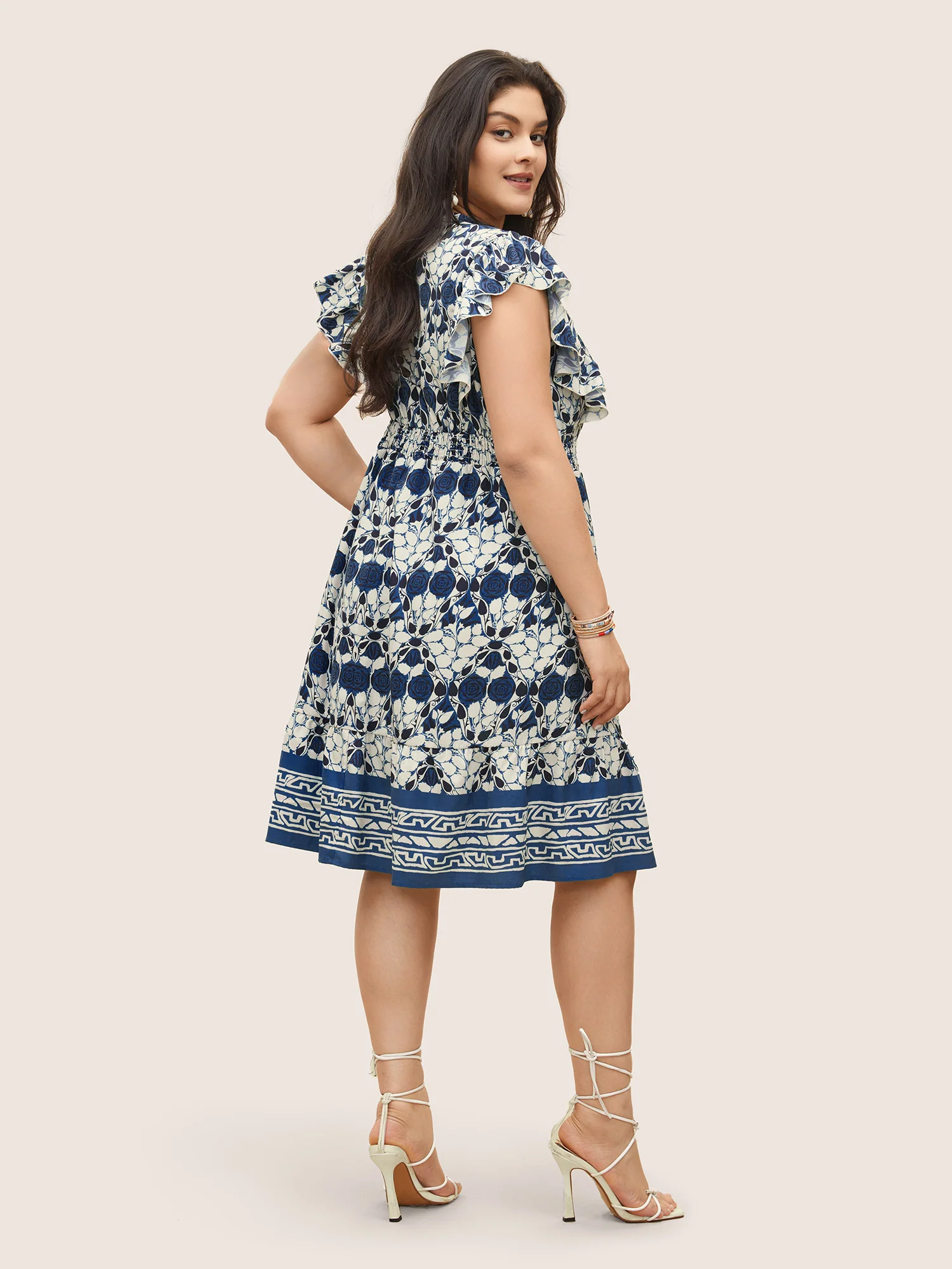 Boho Print Ruffles Shirred Pocket Elastic Waist Dress - Image 2