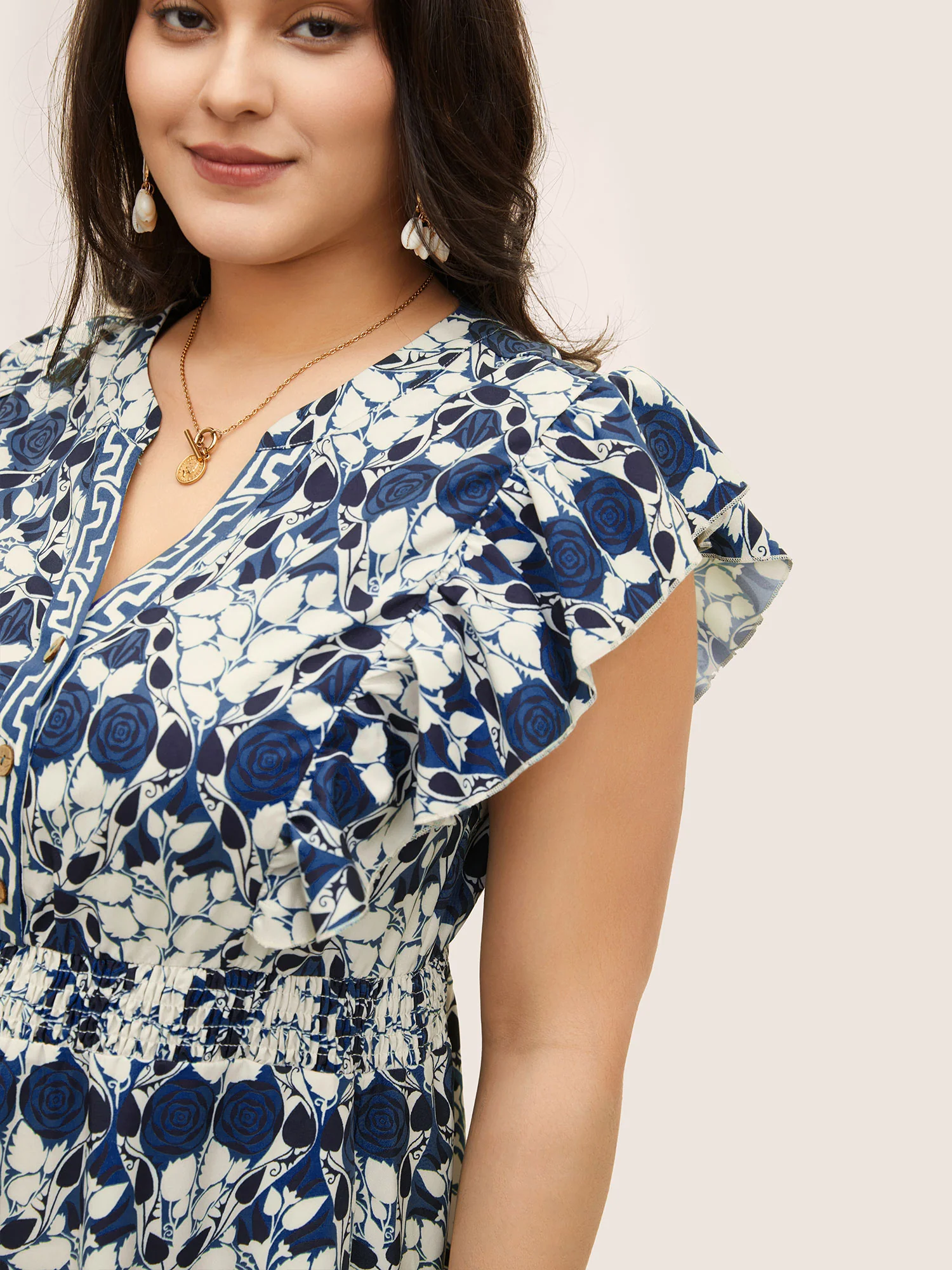 Boho Print Ruffles Shirred Pocket Elastic Waist Dress - Image 4
