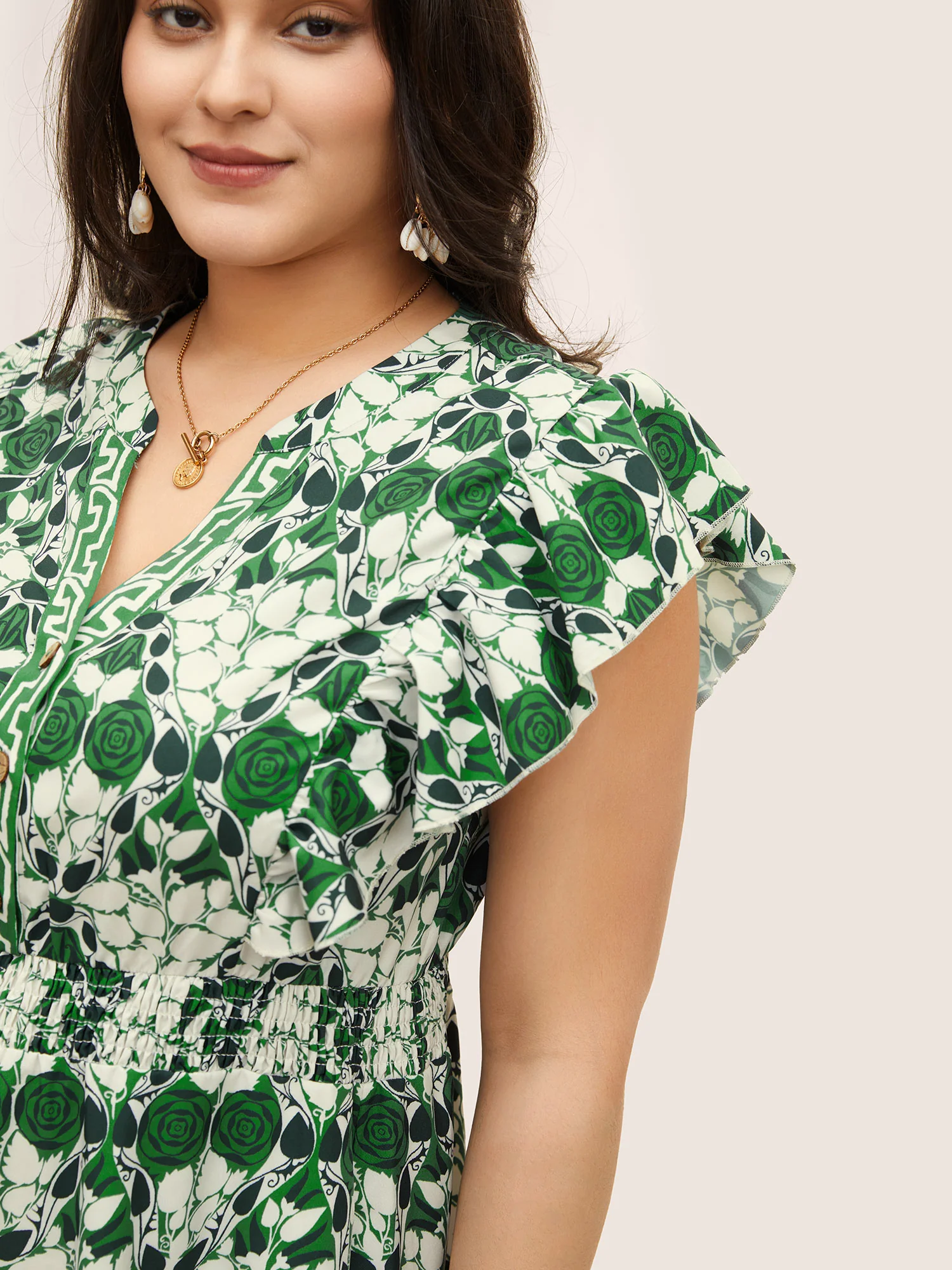 Boho Print Ruffles Shirred Pocket Elastic Waist Dress - Image 8