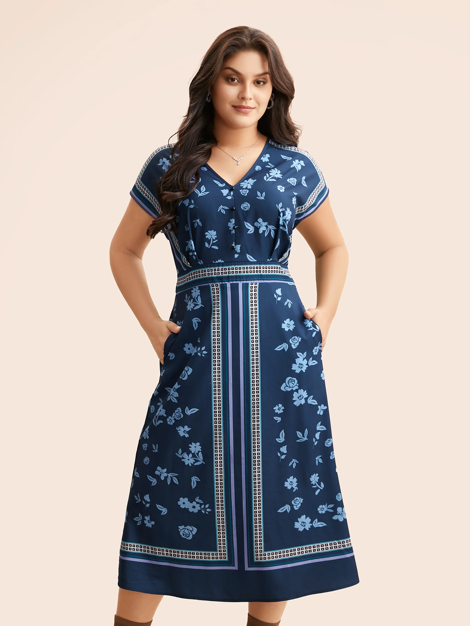 Boho Print Shirred Dolman Sleeve Dress - Image 2