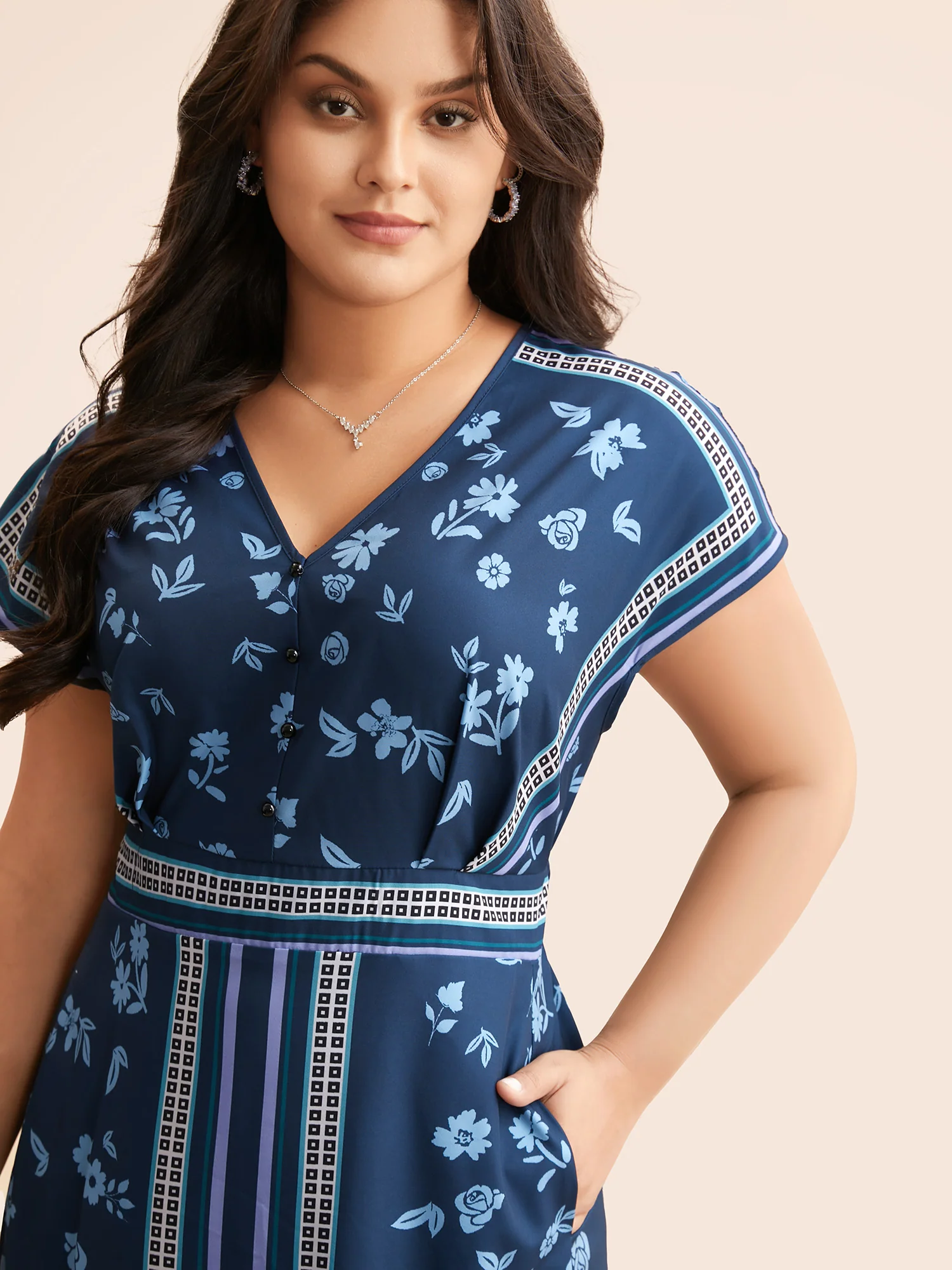 Boho Print Shirred Dolman Sleeve Dress - Image 4