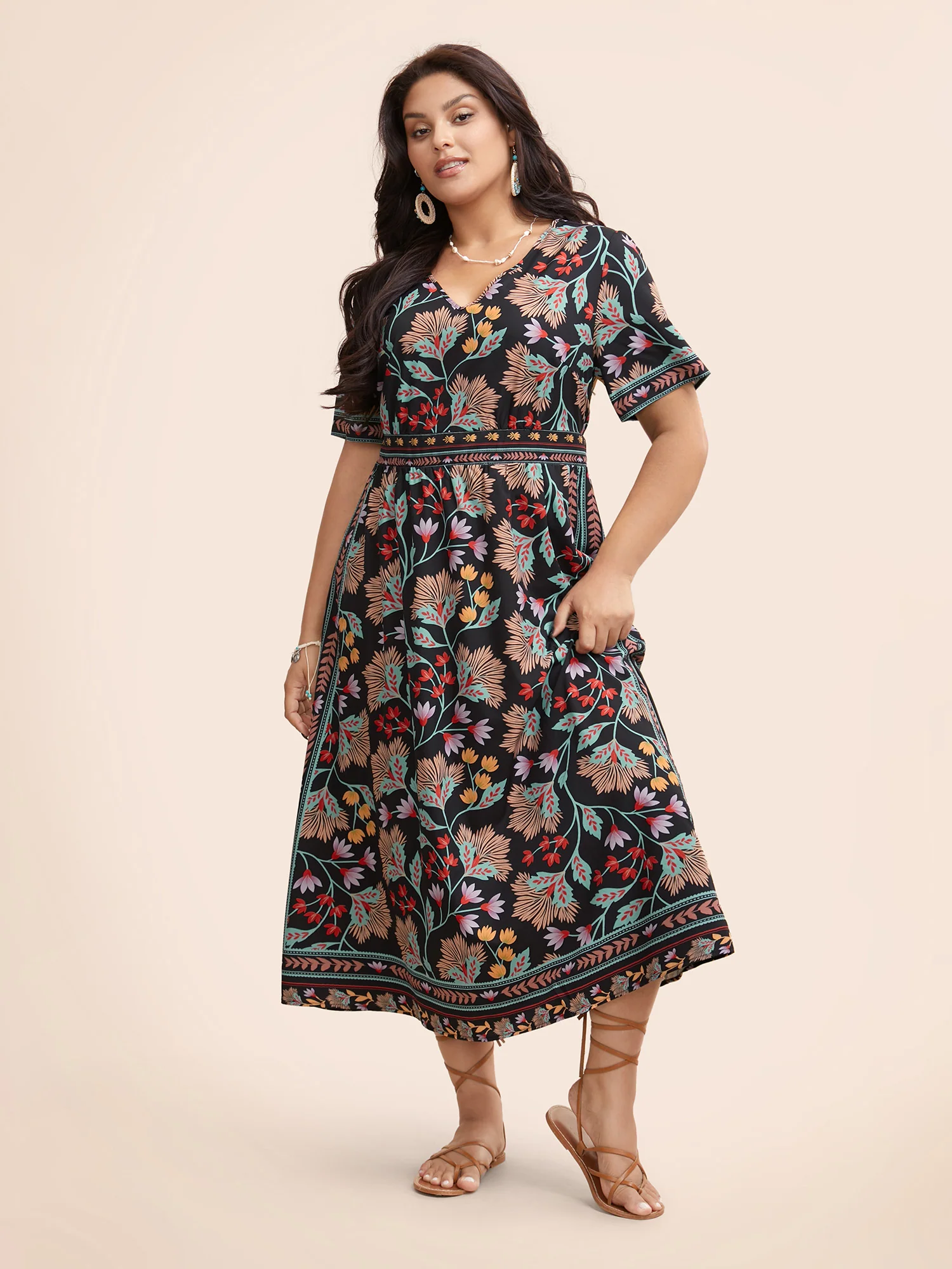 Boho Print Shirred Pocket Midi Dress - Image 2