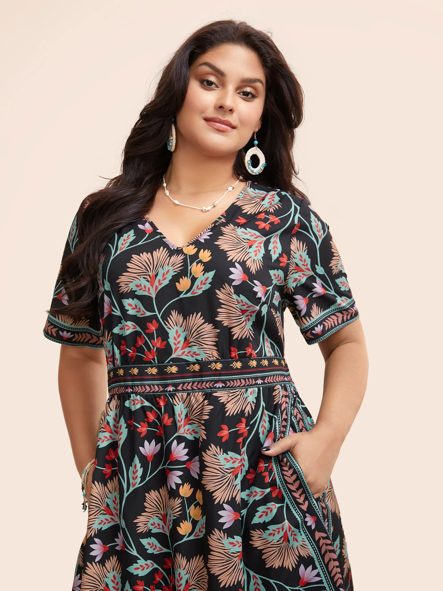 Boho Print Shirred Pocket Midi Dress - Image 4