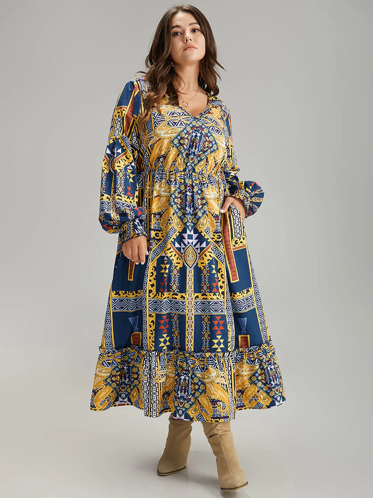 Boho Print Shirred Pocket Ruffle Hem Dress - Image 2
