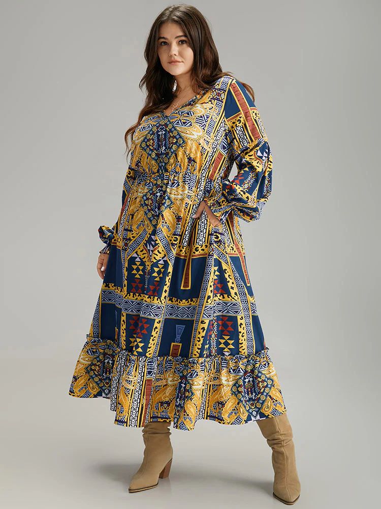Boho Print Shirred Pocket Ruffle Hem Dress - Image 3