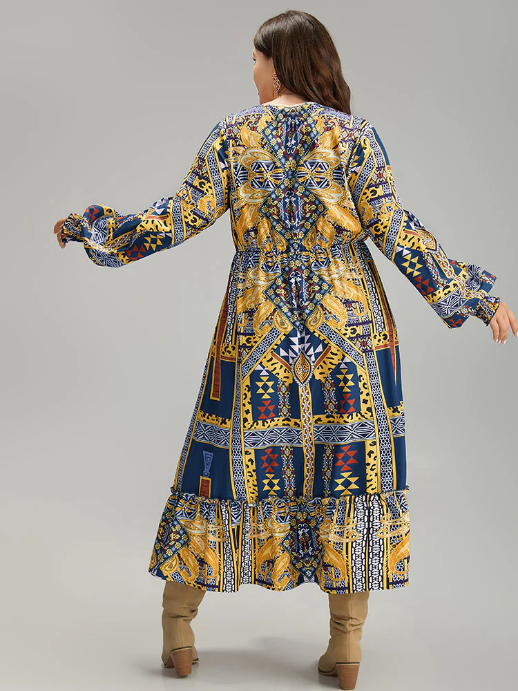 Boho Print Shirred Pocket Ruffle Hem Dress - Image 4