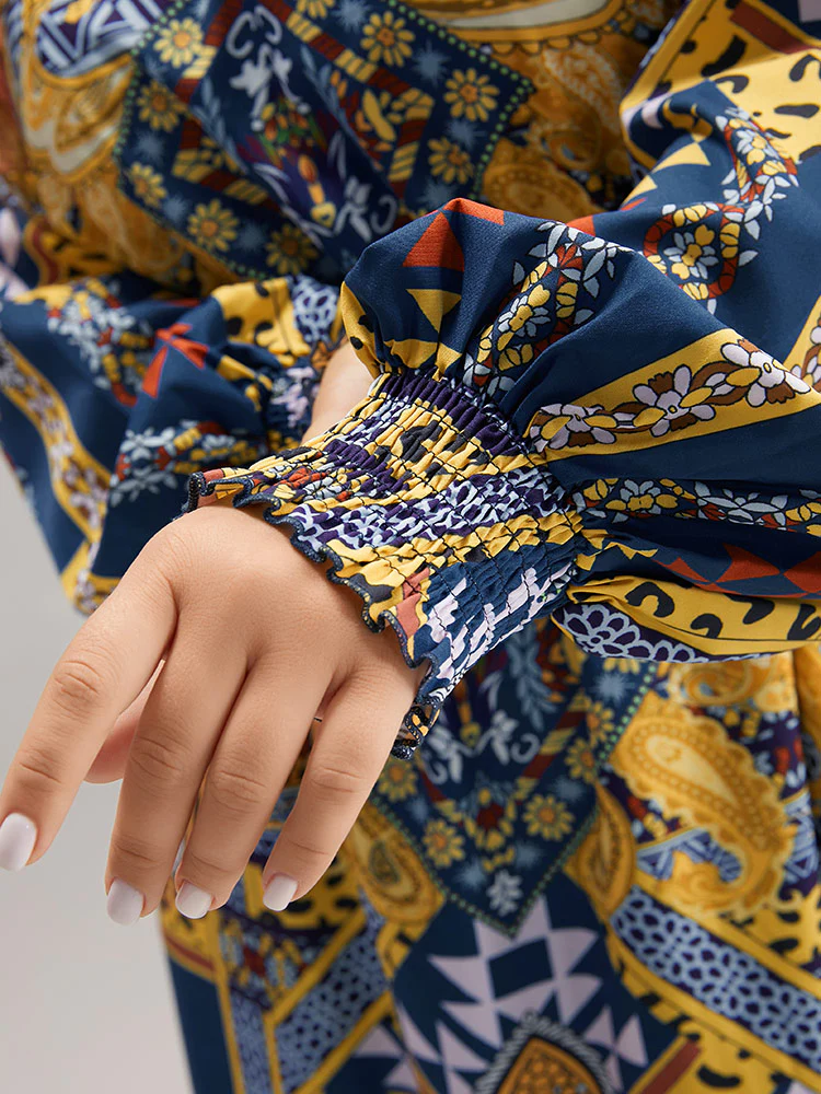 Boho Print Shirred Pocket Ruffle Hem Dress - Image 5