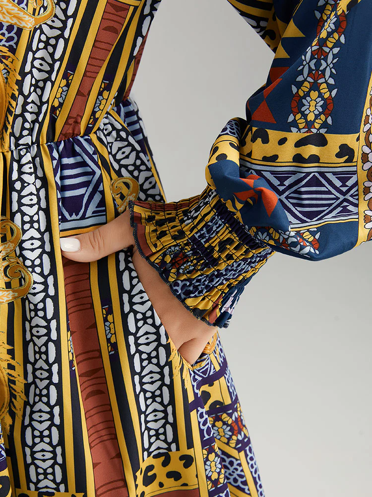 Boho Print Shirred Pocket Ruffle Hem Dress - Image 6