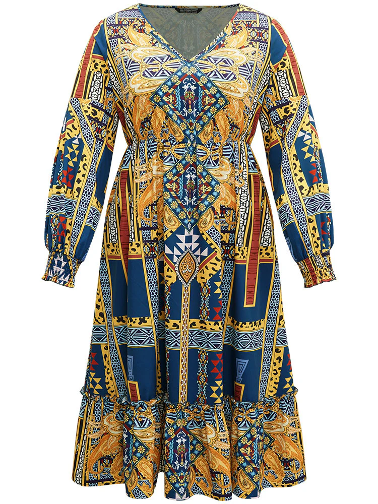 Boho Print Shirred Pocket Ruffle Hem Dress - Image 7