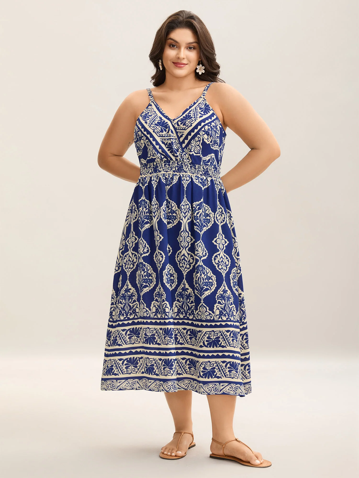 Boho Print Shirred Pockets Midi Dress - Image 3