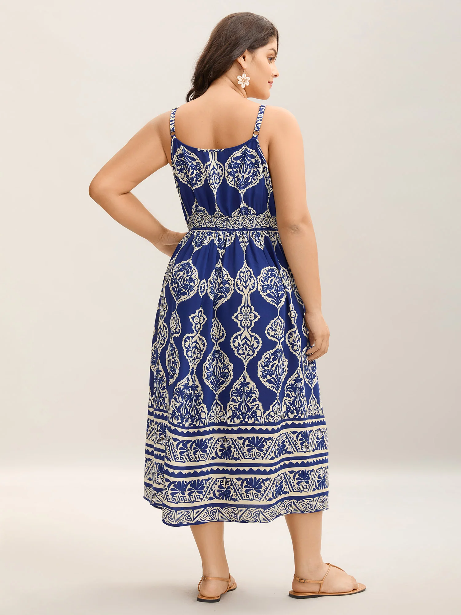 Boho Print Shirred Pockets Midi Dress - Image 4
