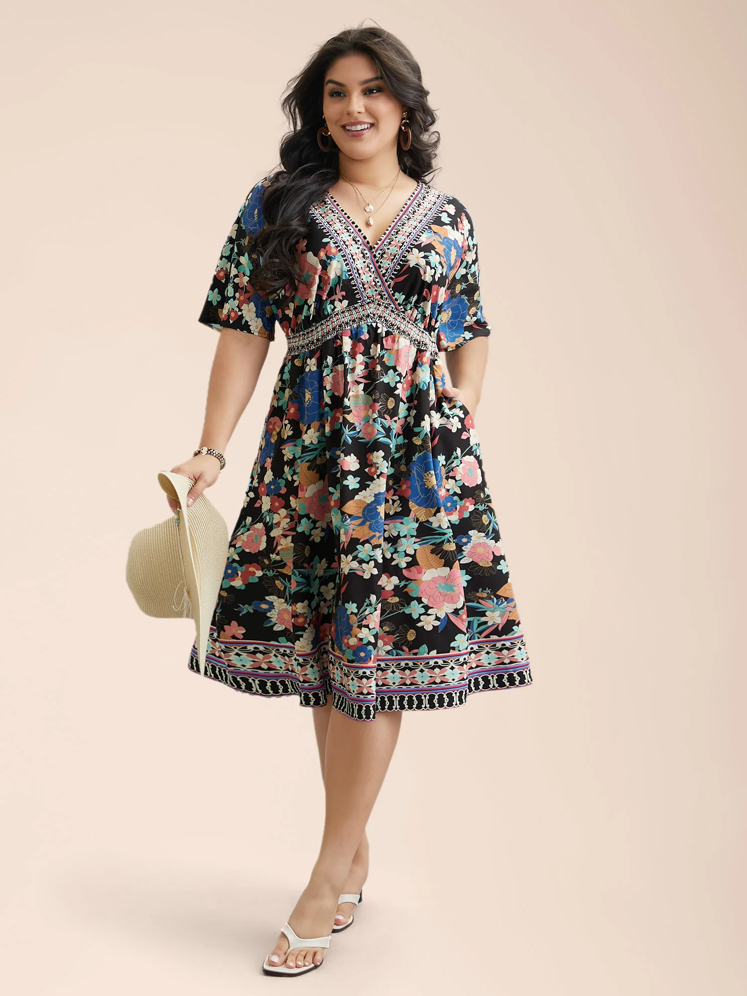 Boho Print Shirred V-Neck Flared Midi Dress - Image 4