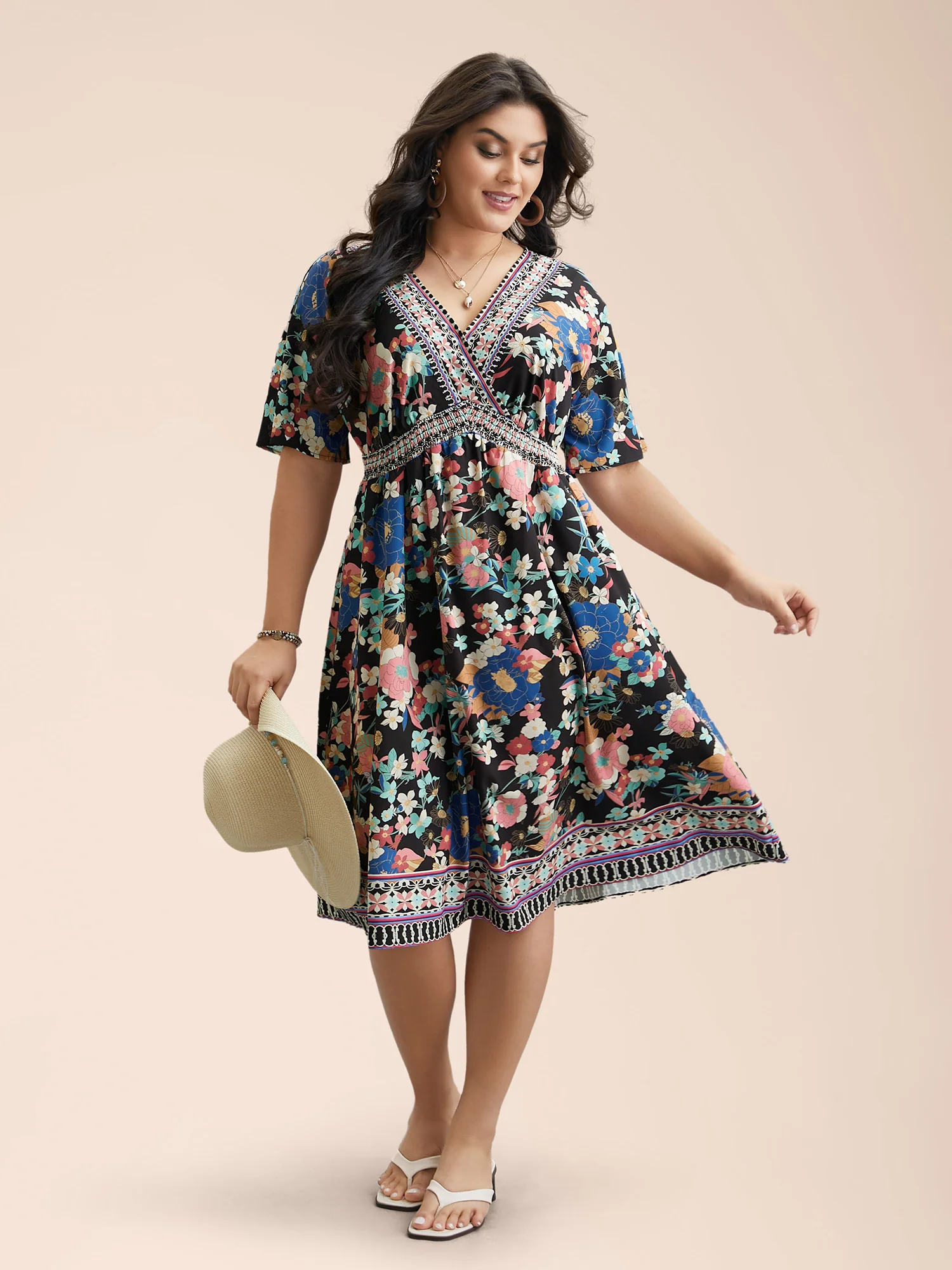 Boho Print Shirred V-Neck Flared Midi Dress - Image 5