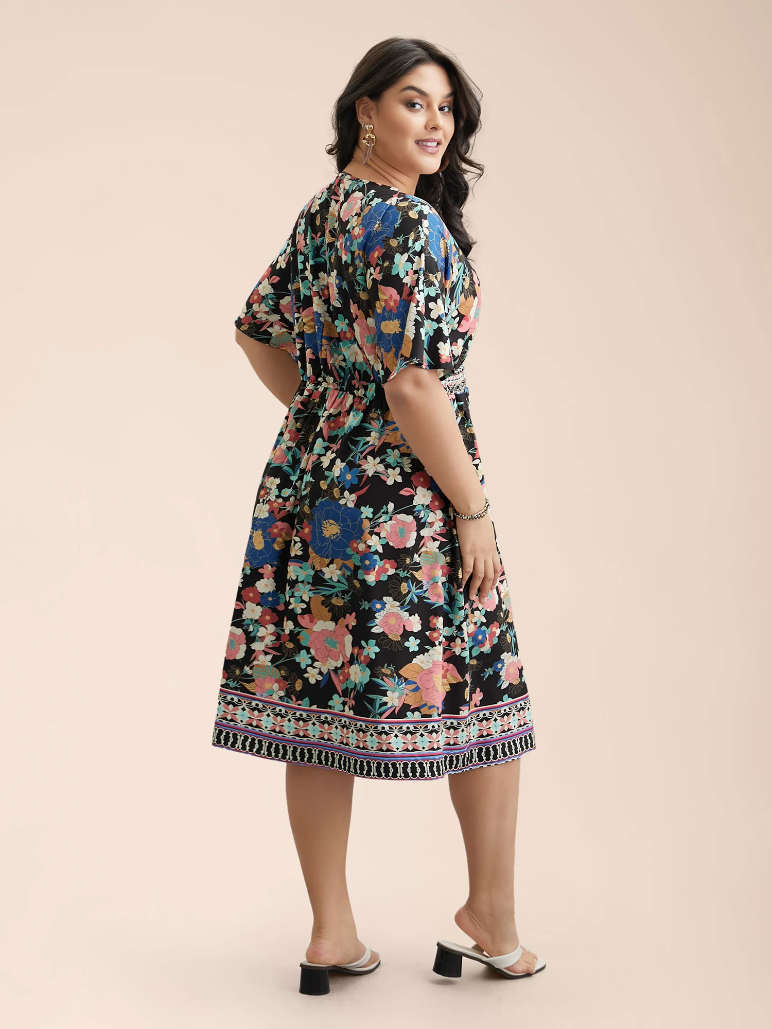 Boho Print Shirred V-Neck Flared Midi Dress - Image 6