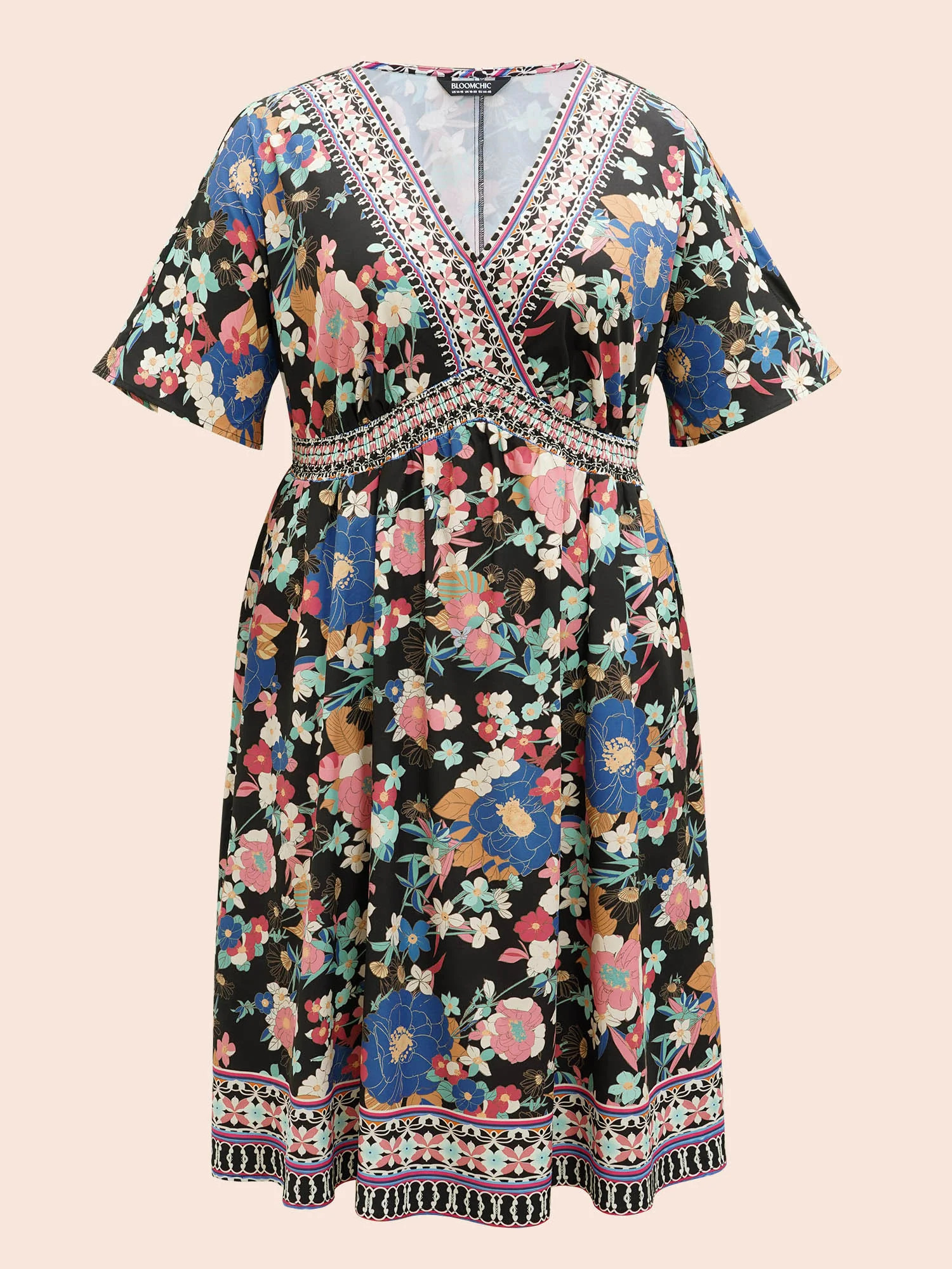 Boho Print Shirred V-Neck Flared Midi Dress - Image 9